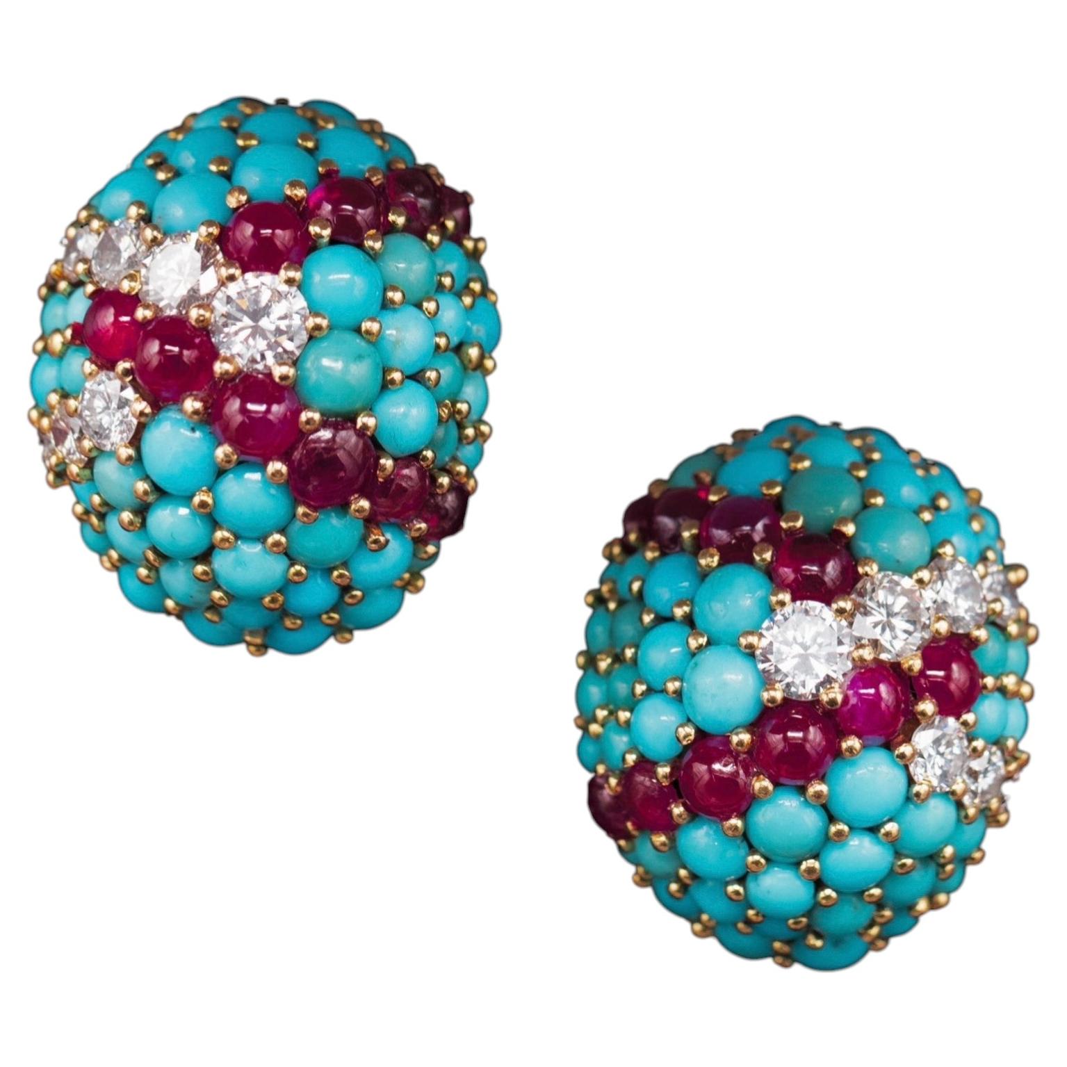 Mid-Century Turquoise Ruby Diamond Clip Earrings in the Style of VCA 1950s-1960s