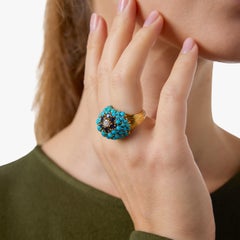 Mid Century turquoise sapphire diamond 18k yellow gold bombe ring