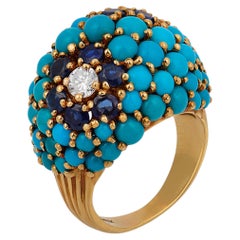 Mid Century turquoise sapphire diamond 18k yellow gold bombe ring