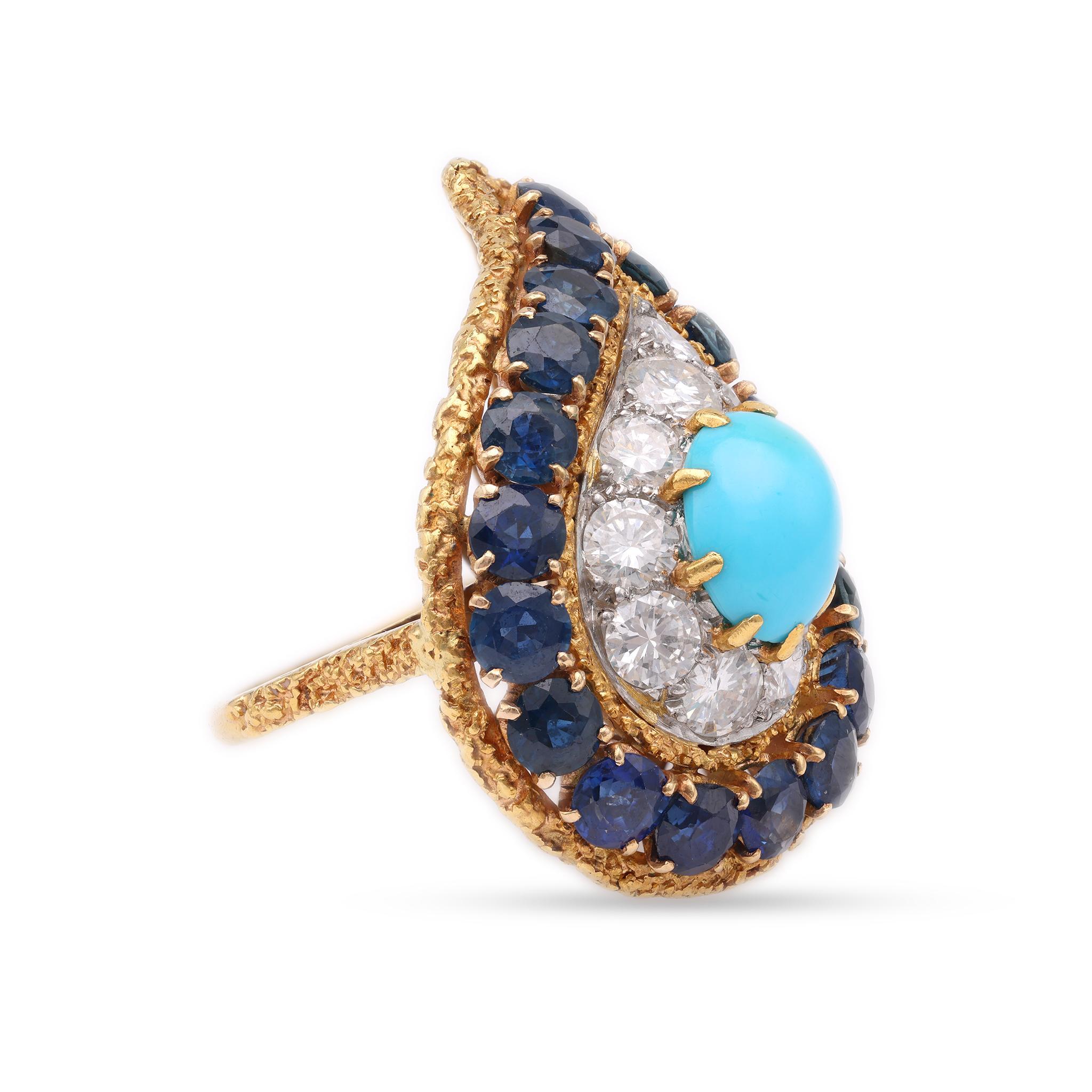 Cabochon Mid-Century Turquoise Sapphire Diamond Gold Ring For Sale