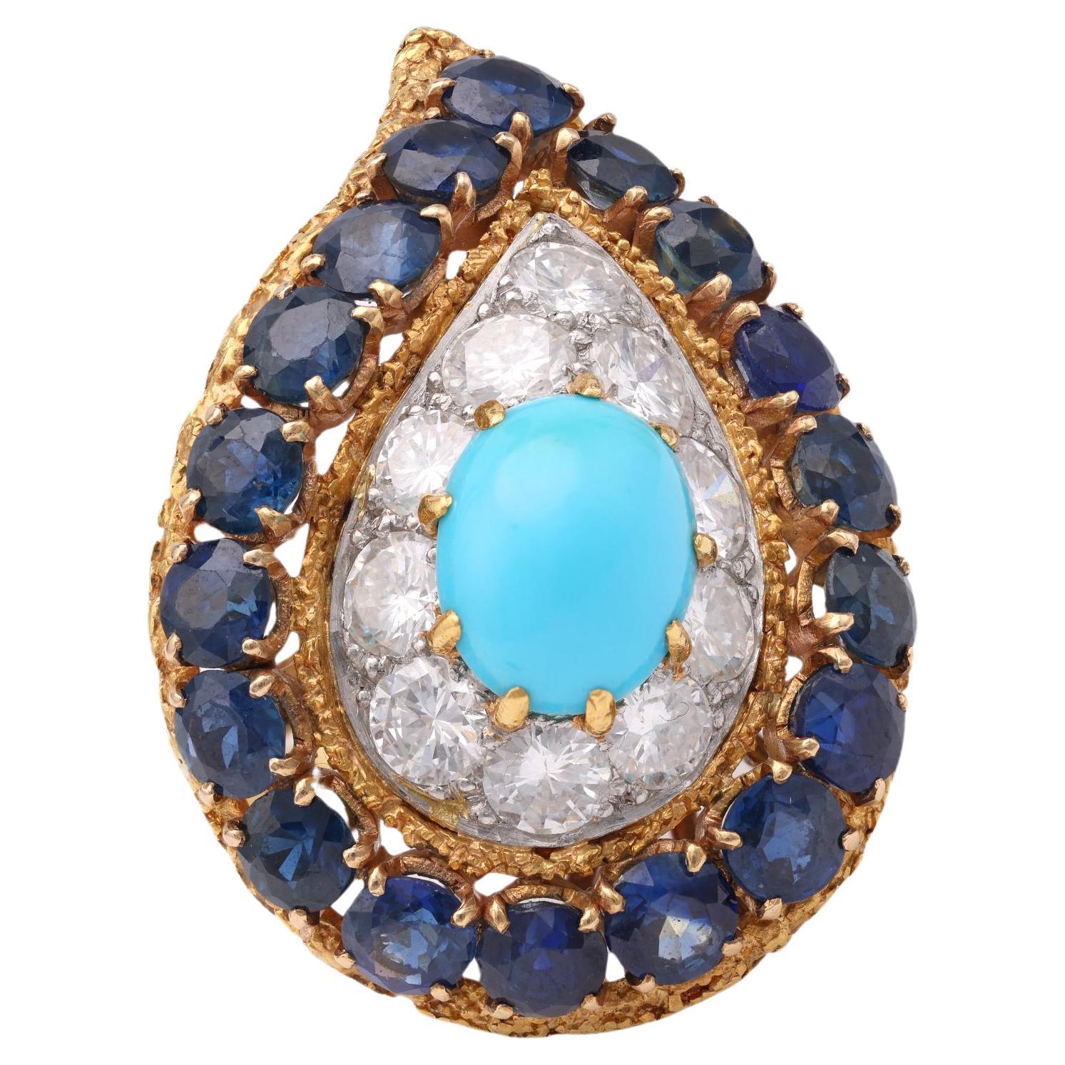 Mid-Century Turquoise Sapphire Diamond Gold Ring For Sale