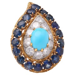 Retro Mid-Century Turquoise Sapphire Diamond Gold Ring