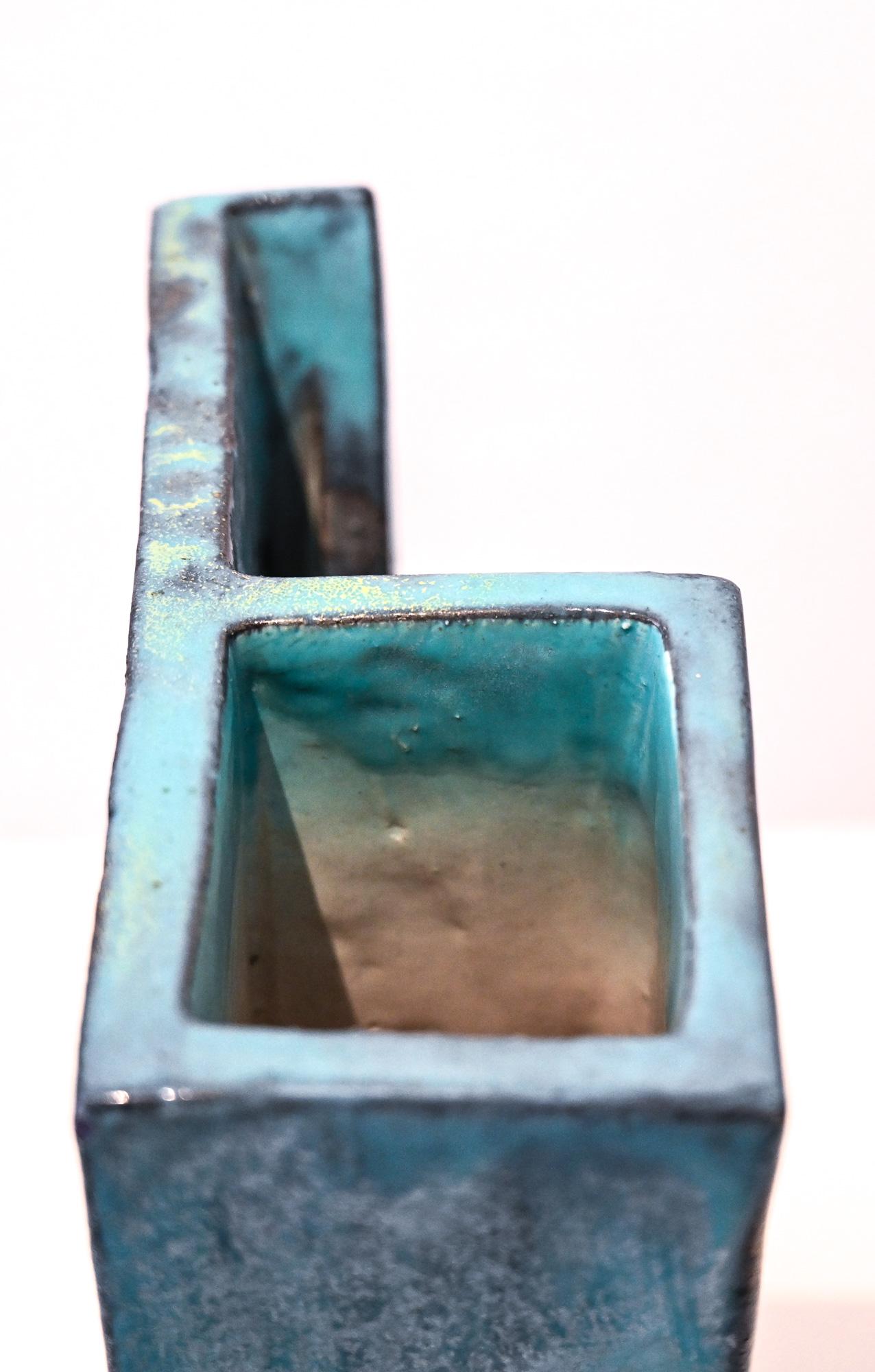 Mid century turquoise slab vase by Marcello Fantoni Italy For Sale 3