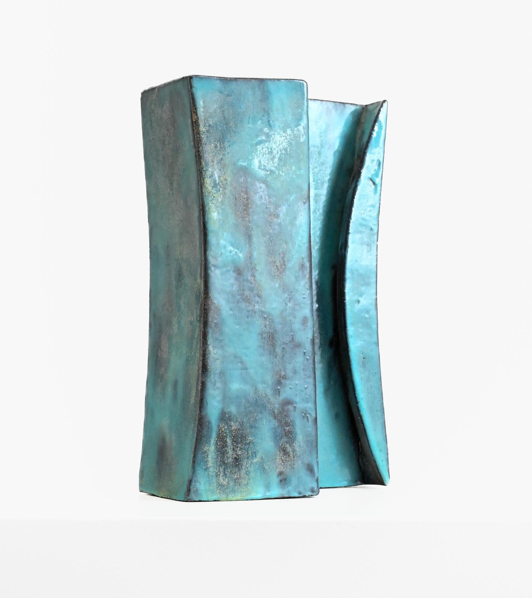 Mid century turquoise slab vase by Marcello Fantoni Italy For Sale 6