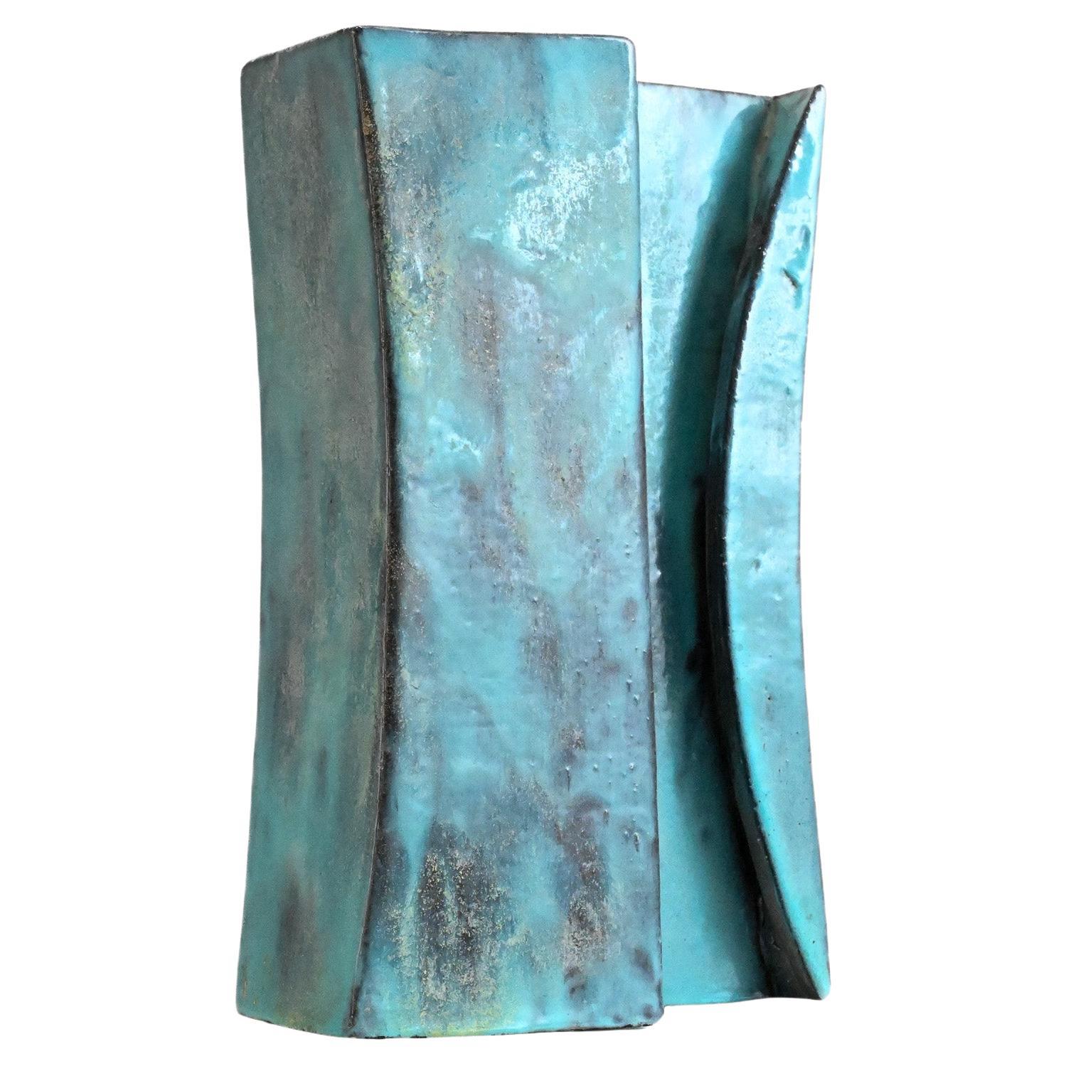 Mid century turquoise slab vase by Marcello Fantoni Italy For Sale