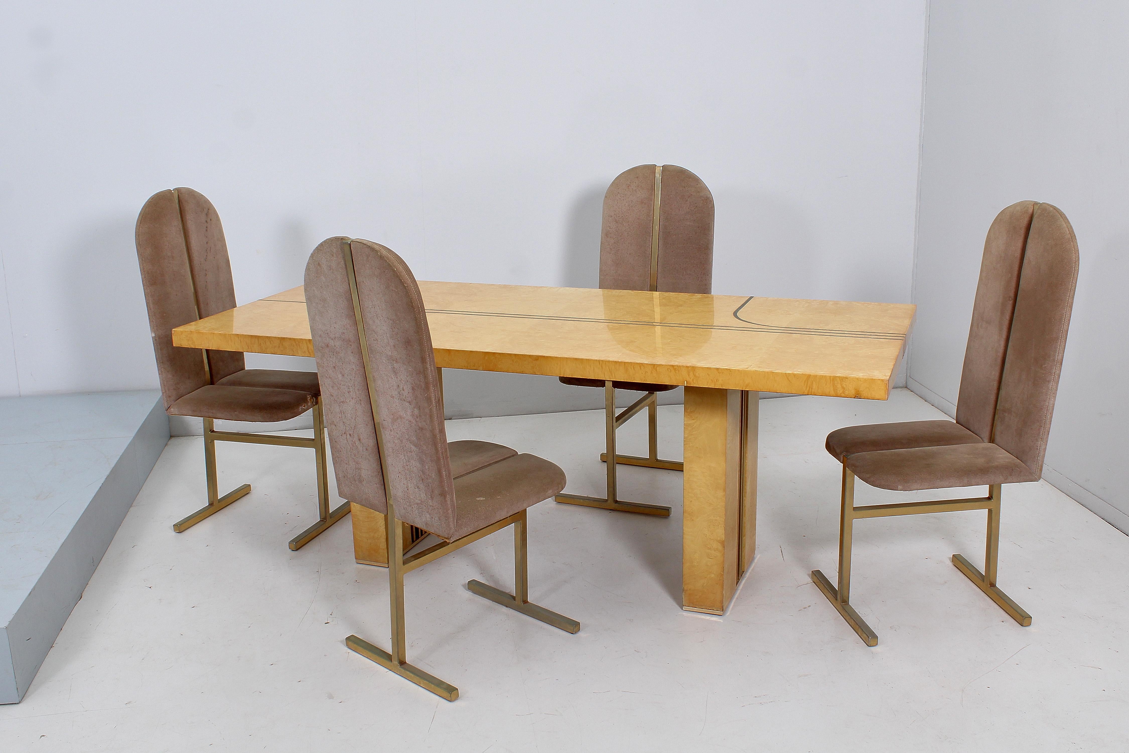 Mid-Century Turri Milano Set of 4 Brass and Suede Chairs, Italy, 70s 10