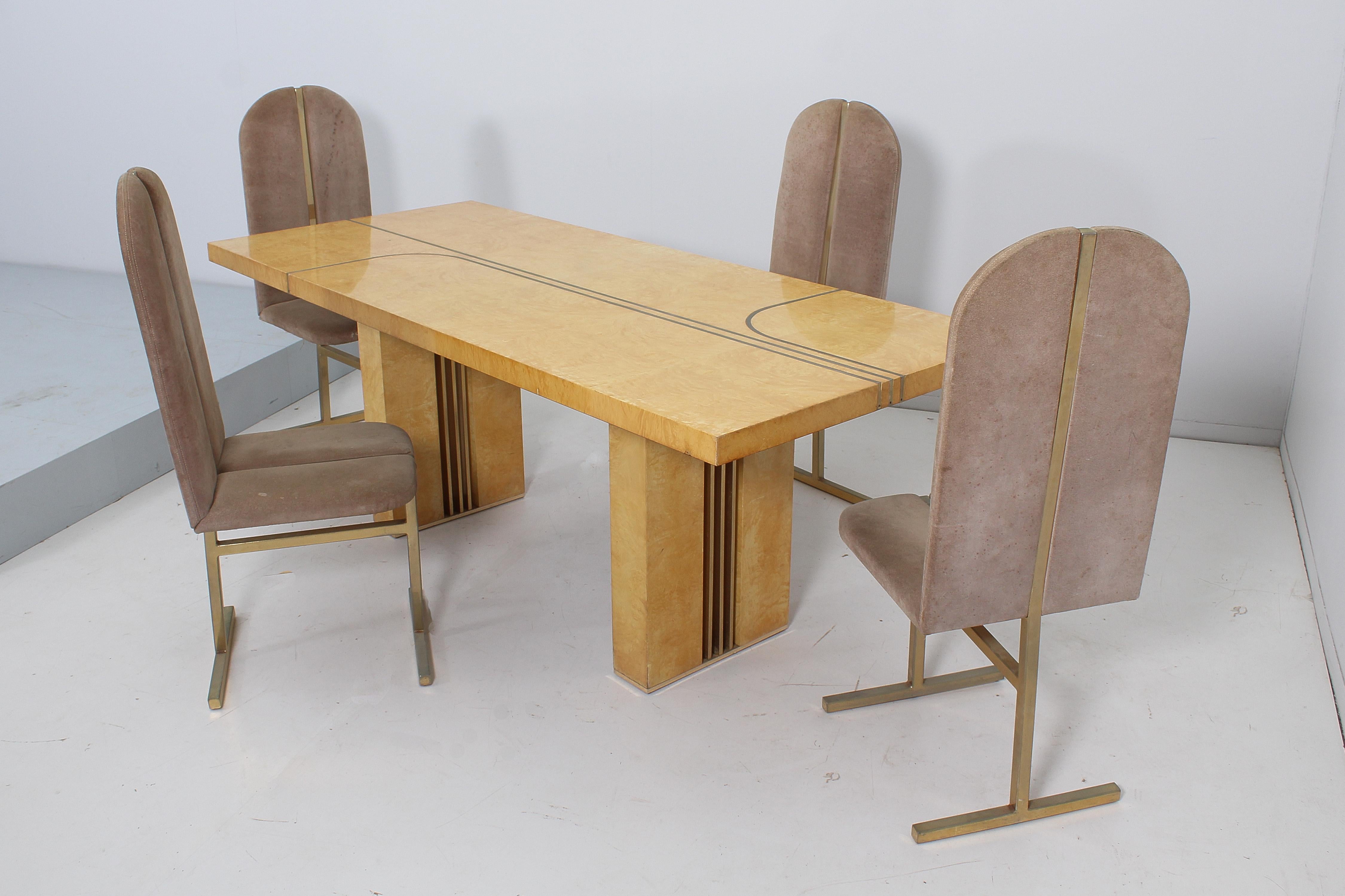 Mid-Century Turri Milano Set of 4 Brass and Suede Chairs, Italy, 70s For Sale 11