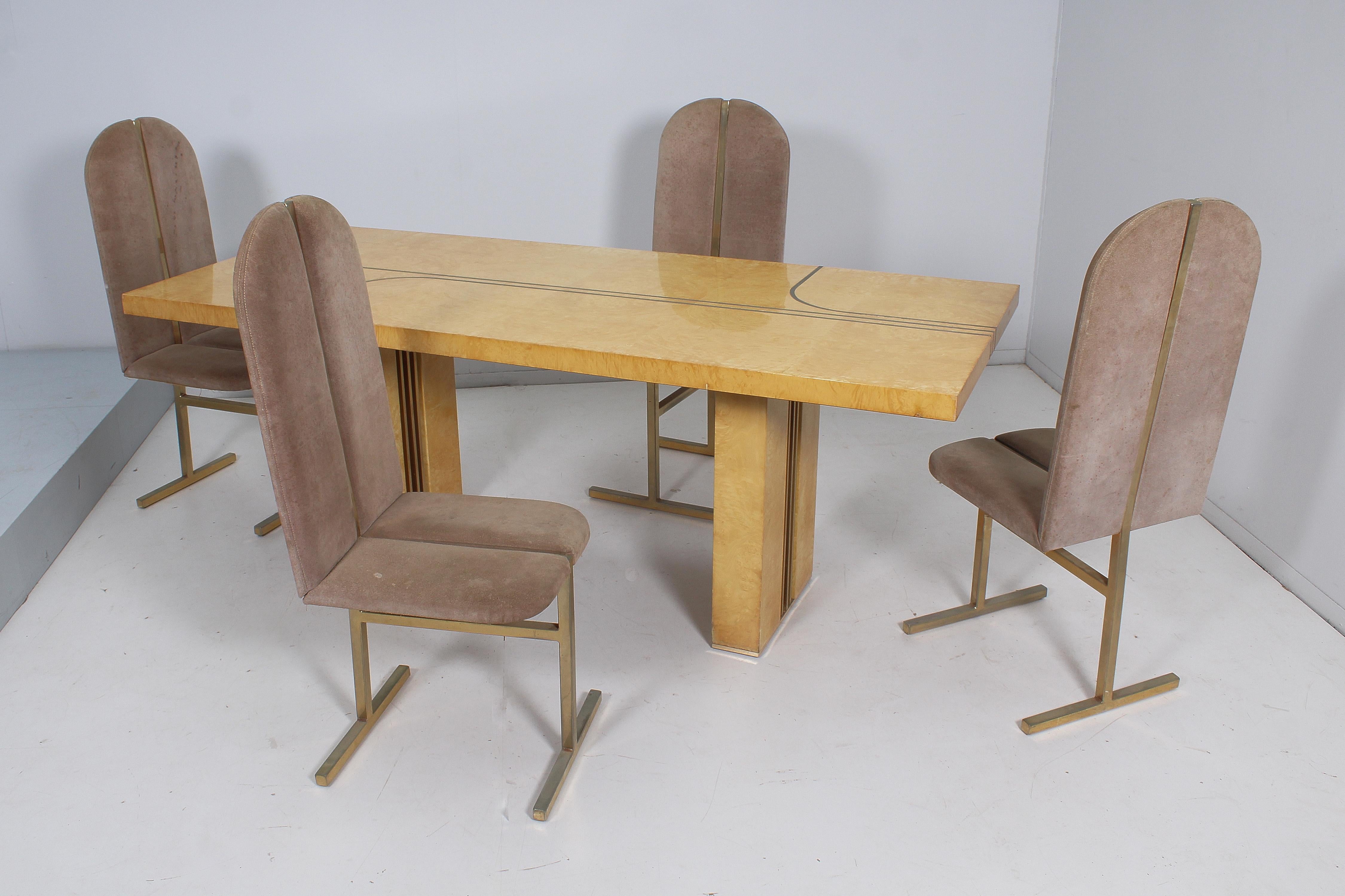 Mid-Century Turri Milano Set of 4 Brass and Suede Chairs, Italy, 70s 12
