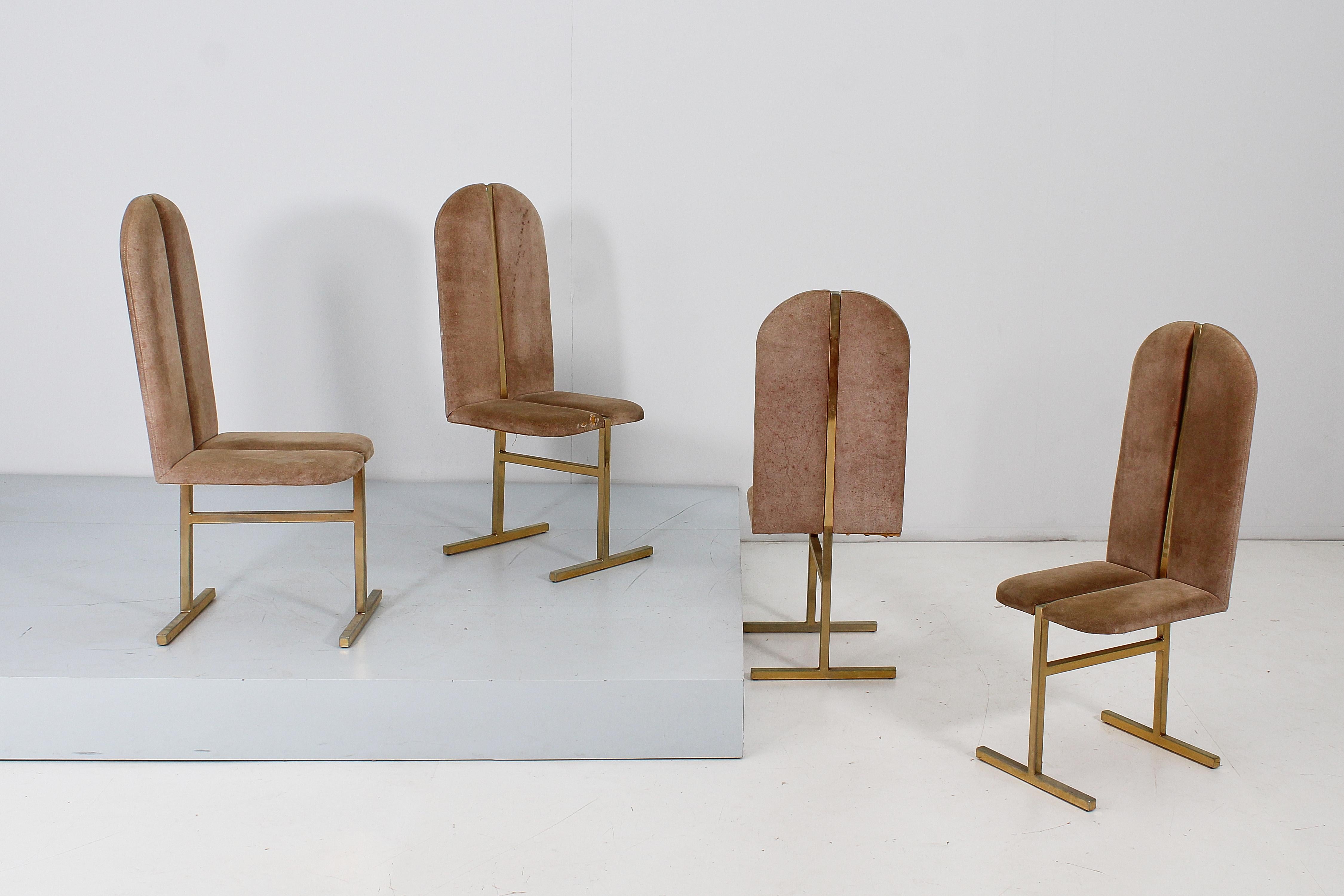Mid-Century Modern Turri Milano ensemble de 4 chaises en laiton et en daim du milieu du siècle, Italie, années 70 en vente