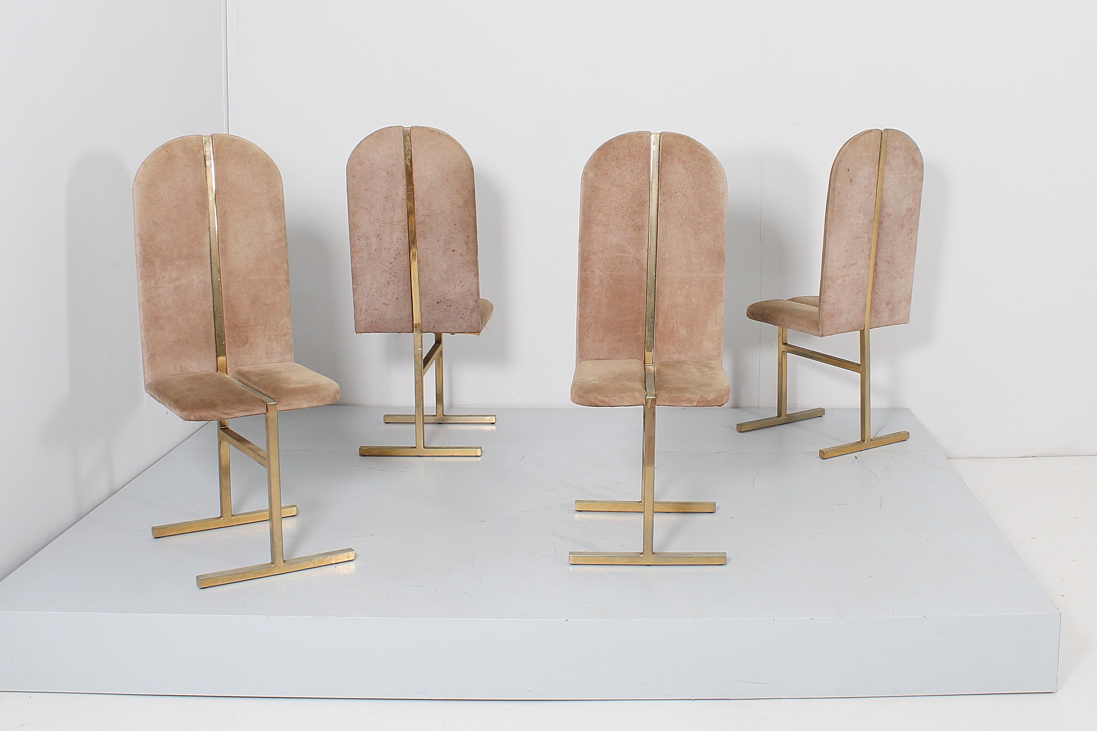 Mid-Century Modern Mid-Century Turri Milano Set of 4 Brass and Suede Chairs, Italy, 70s For Sale