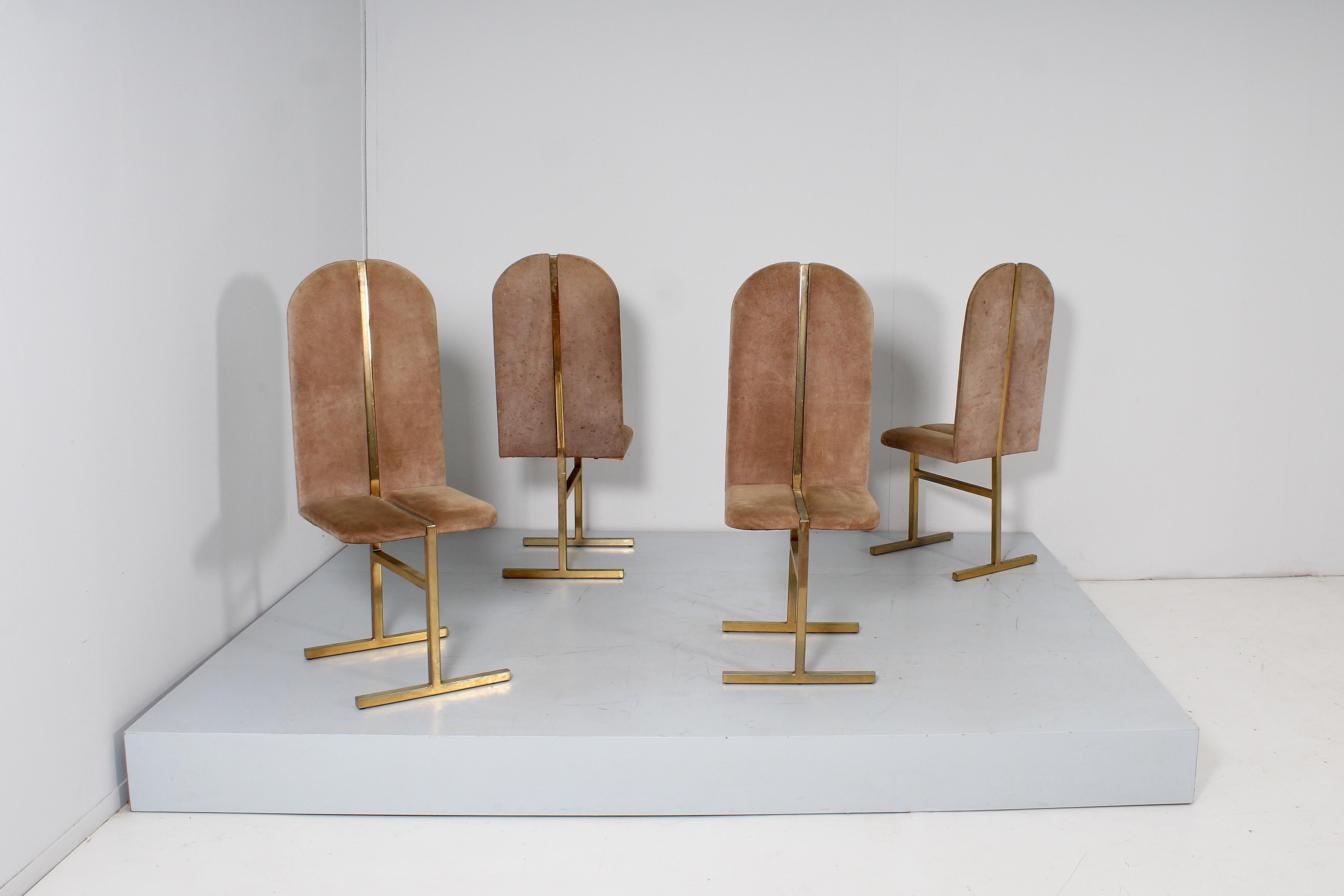 Italian Mid-Century Turri Milano Set of 4 Brass and Suede Chairs, Italy, 70s