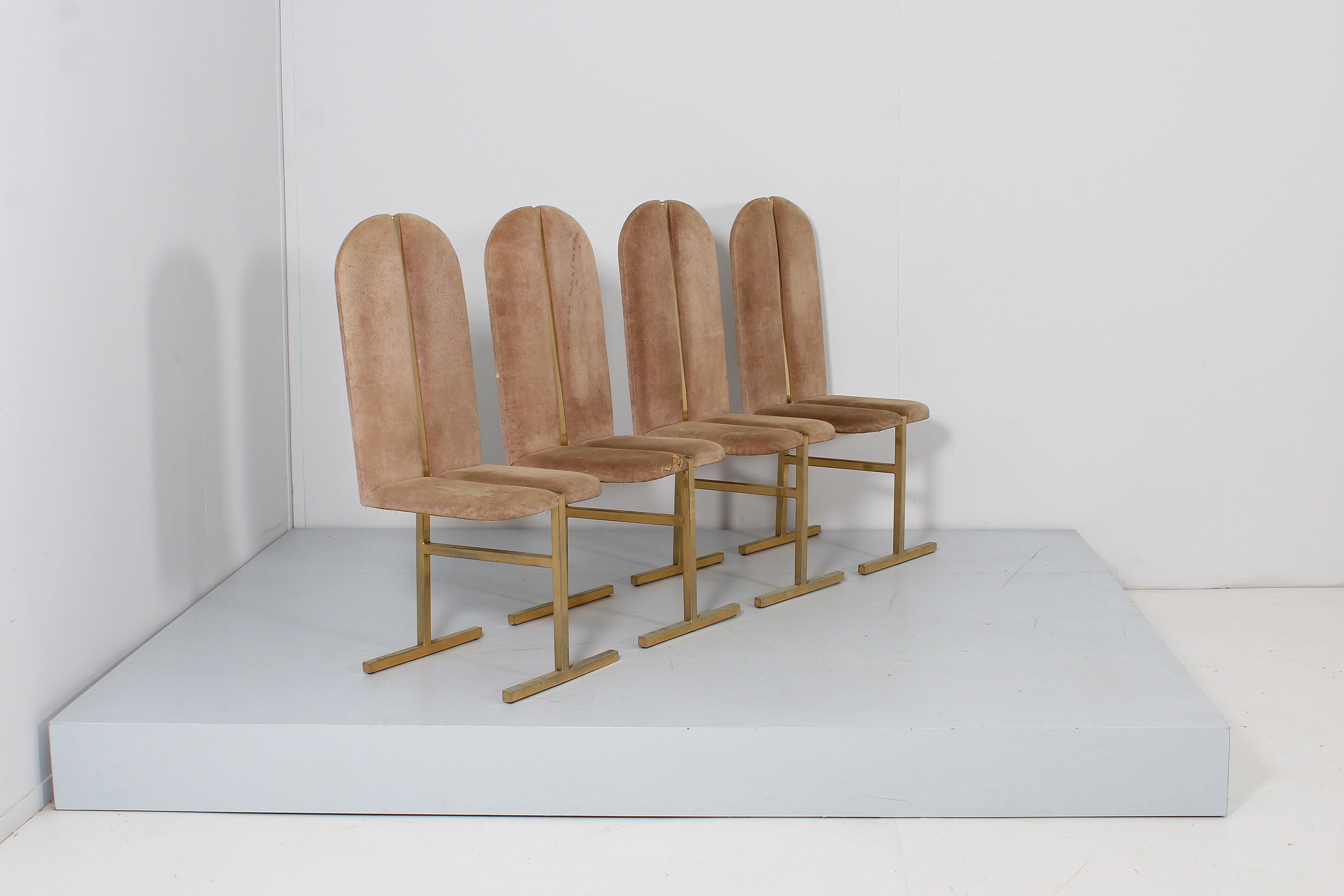 Mid-Century Turri Milano Set of 4 Brass and Suede Chairs, Italy, 70s In Good Condition For Sale In Palermo, IT