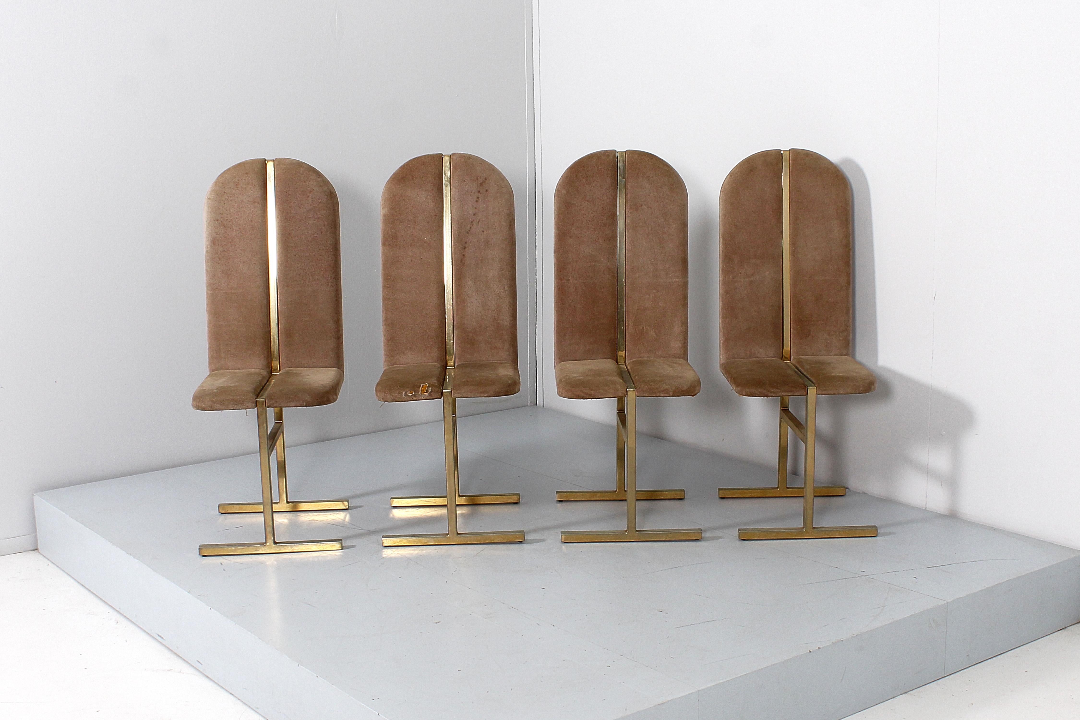 Laiton Turri Milano ensemble de 4 chaises en laiton et en daim du milieu du siècle, Italie, années 70 en vente