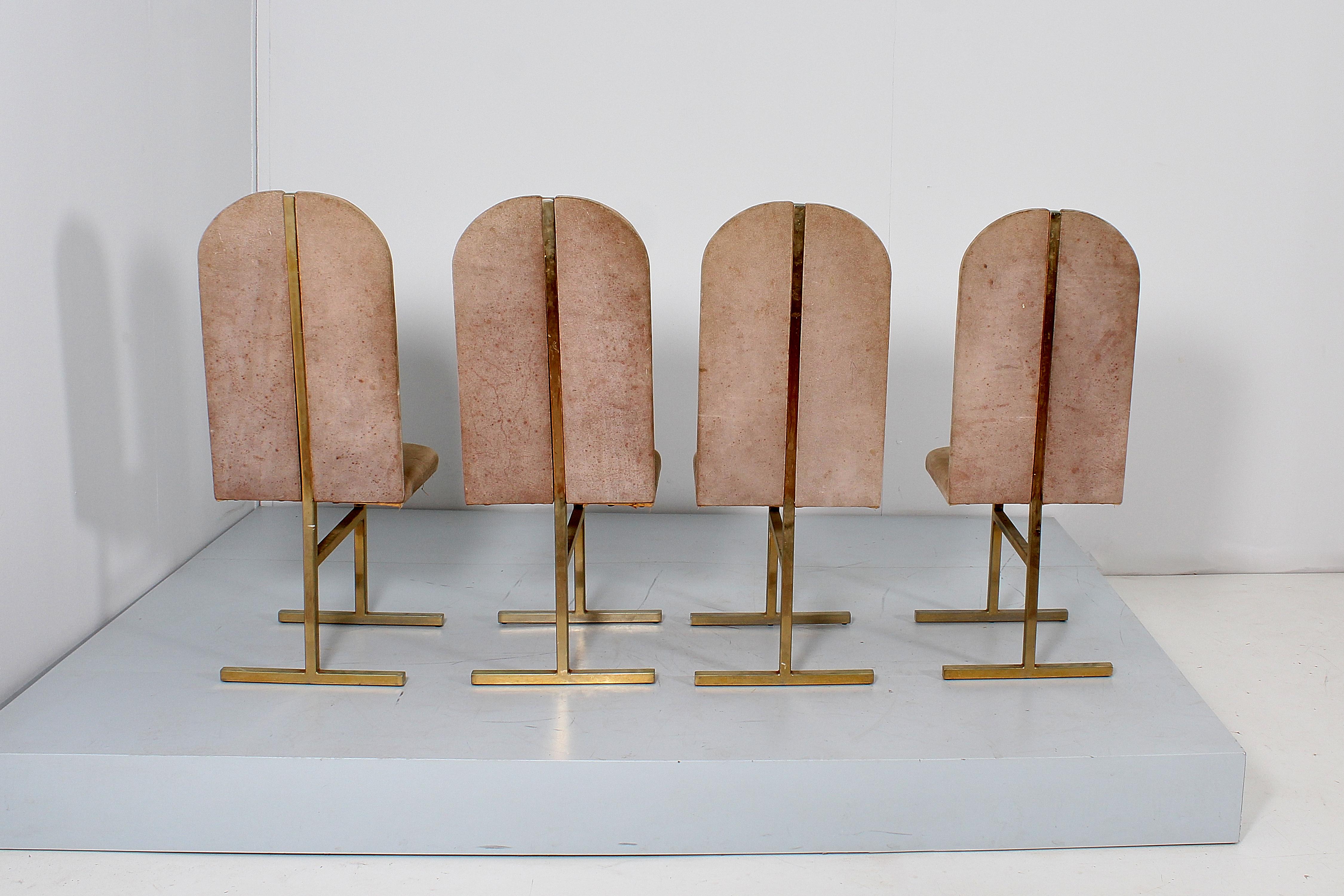Mid-Century Turri Milano Set of 4 Brass and Suede Chairs, Italy, 70s For Sale 1