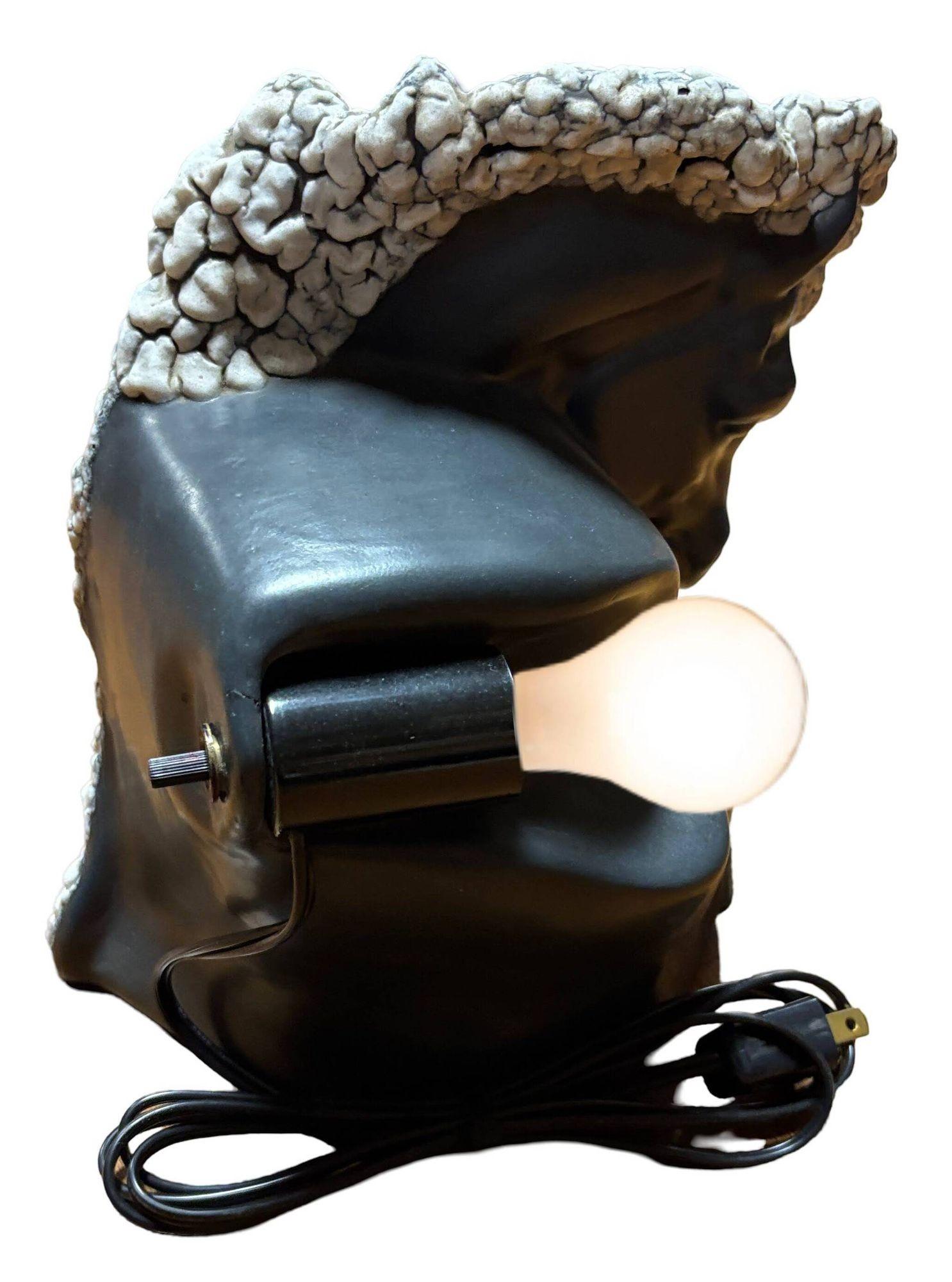 Esta llamativa lámpara de TV de mediados de siglo presenta un atrevido busto de caballo en un espectacular esmalte gris oscuro y blanco. Capta el amor de la época por una decoración elegante pero funcional. La lámpara proyecta un cálido resplandor