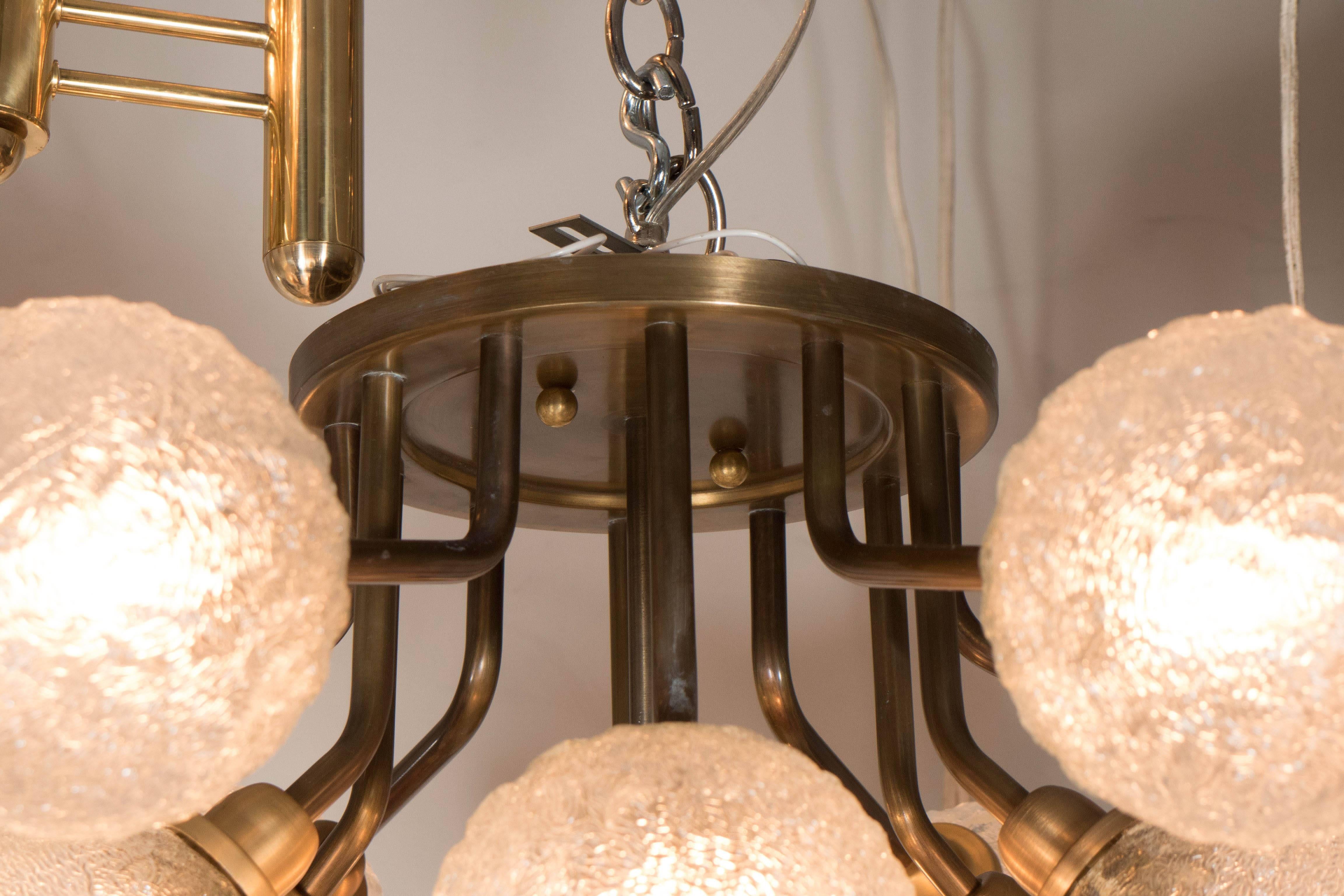 Mid-Century Modern Midcentury Twelve-Arm Brass Flushmount Chandelier with Textured Glass Globes