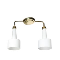 Mid-Century Two-Branch Pendant Chandelier in Molded Milk Glass w/ Brass Fittings