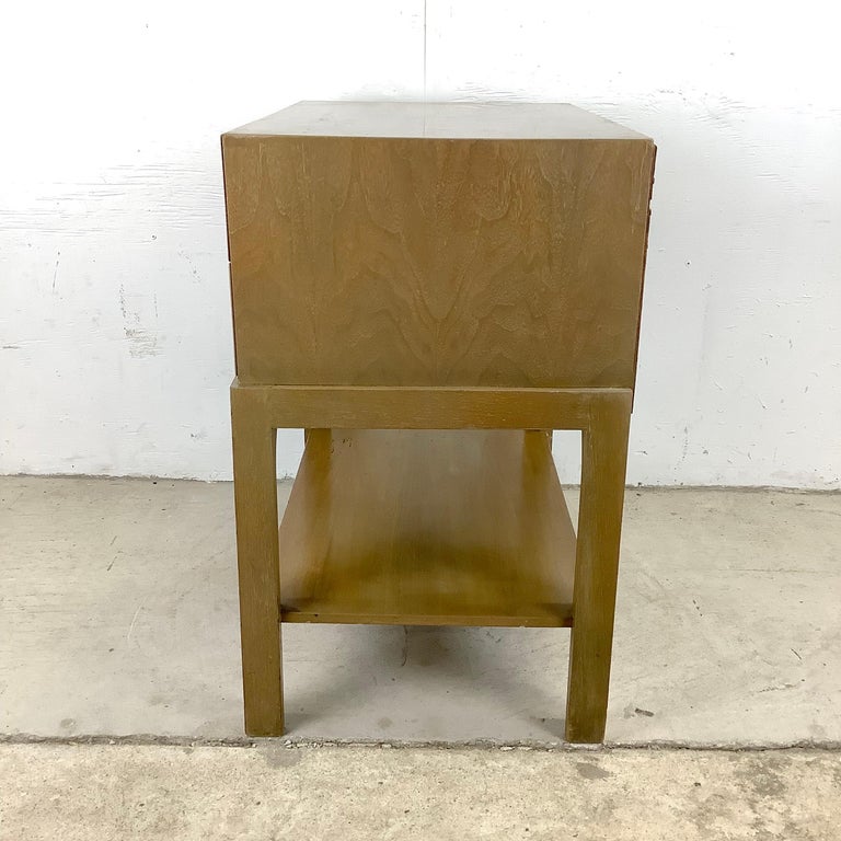 Veneer Mid-Century Two Drawer Nightstand with Brass Drawer Pulls For Sale