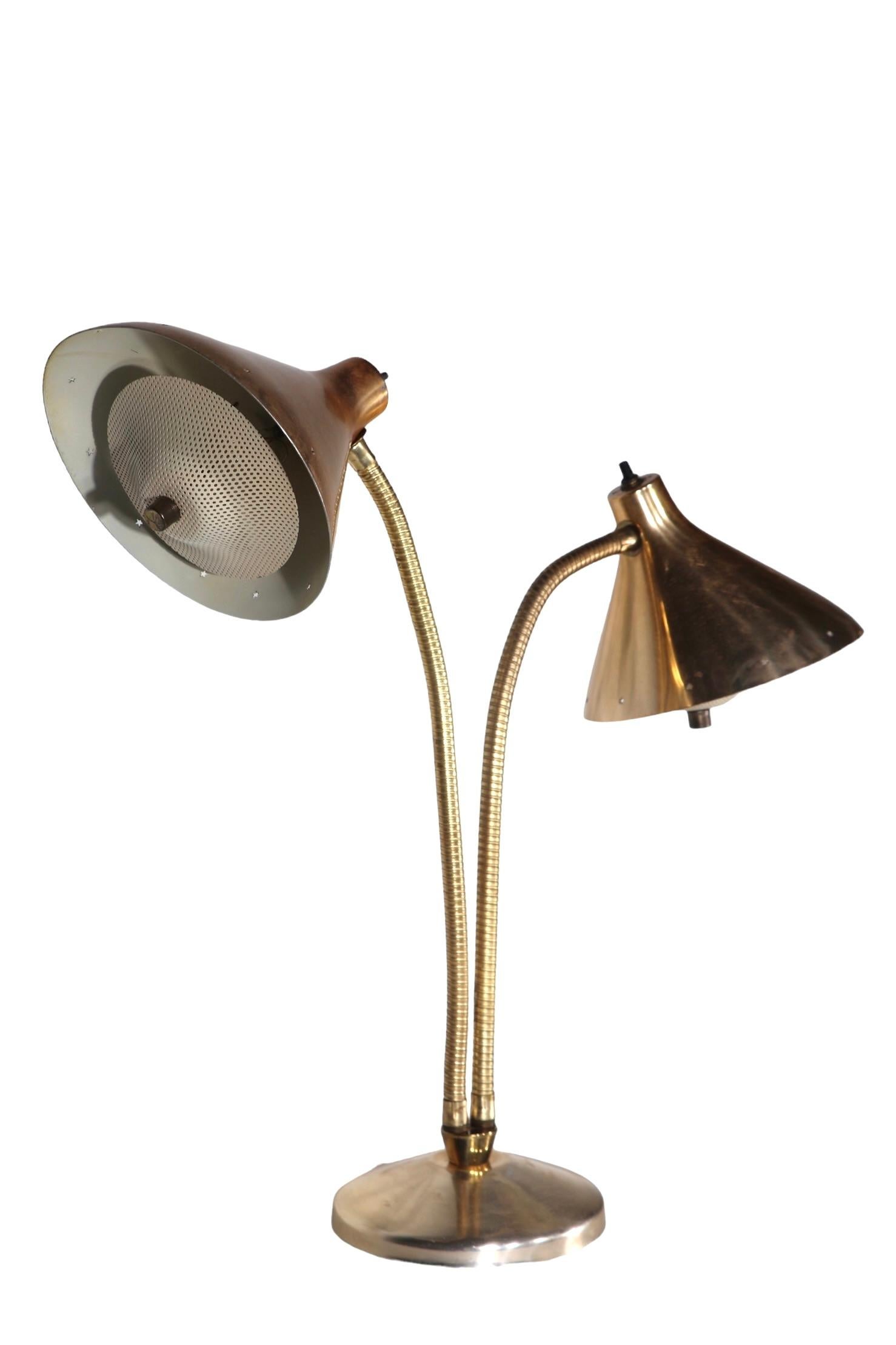 American Mid Century Two Light  Flex Arm Desk Lamp poss. Laurel or Thurston For Sale