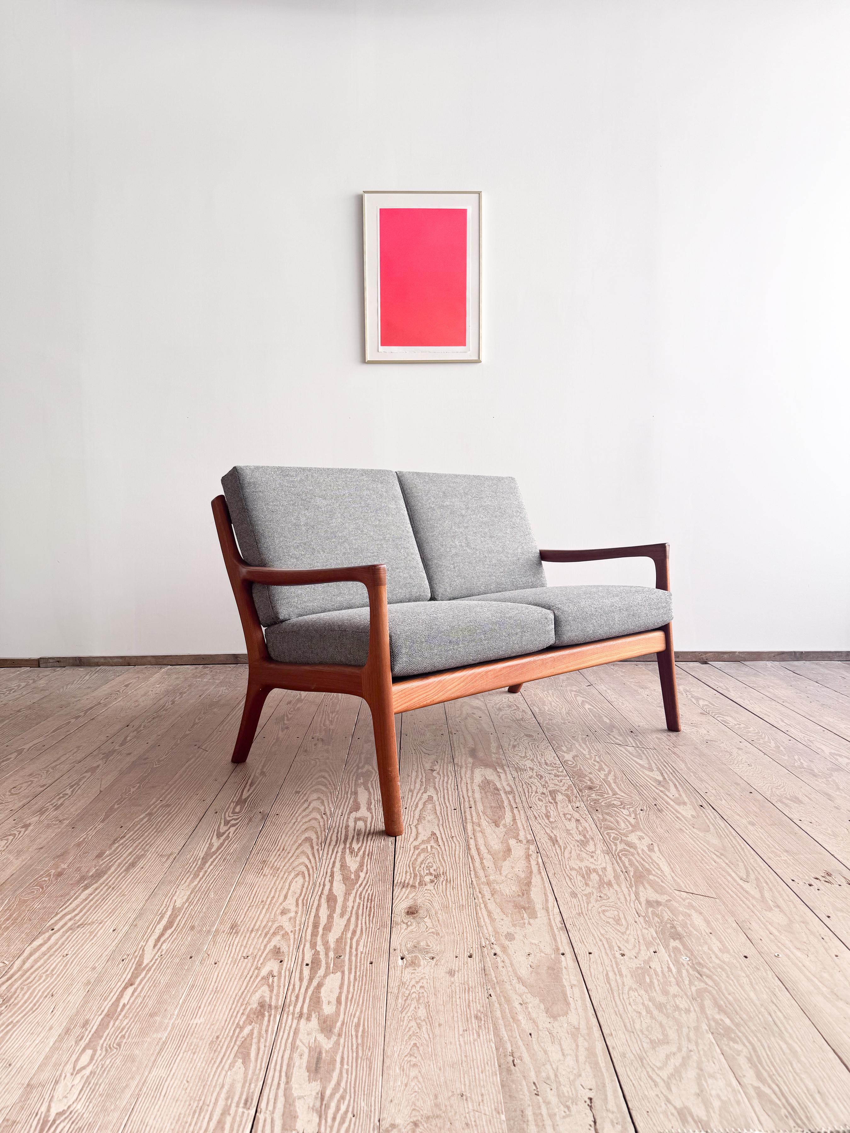 Hand-Carved Mid-Century Two-Seat Sofa, Danish Design Teak Couch For Sale