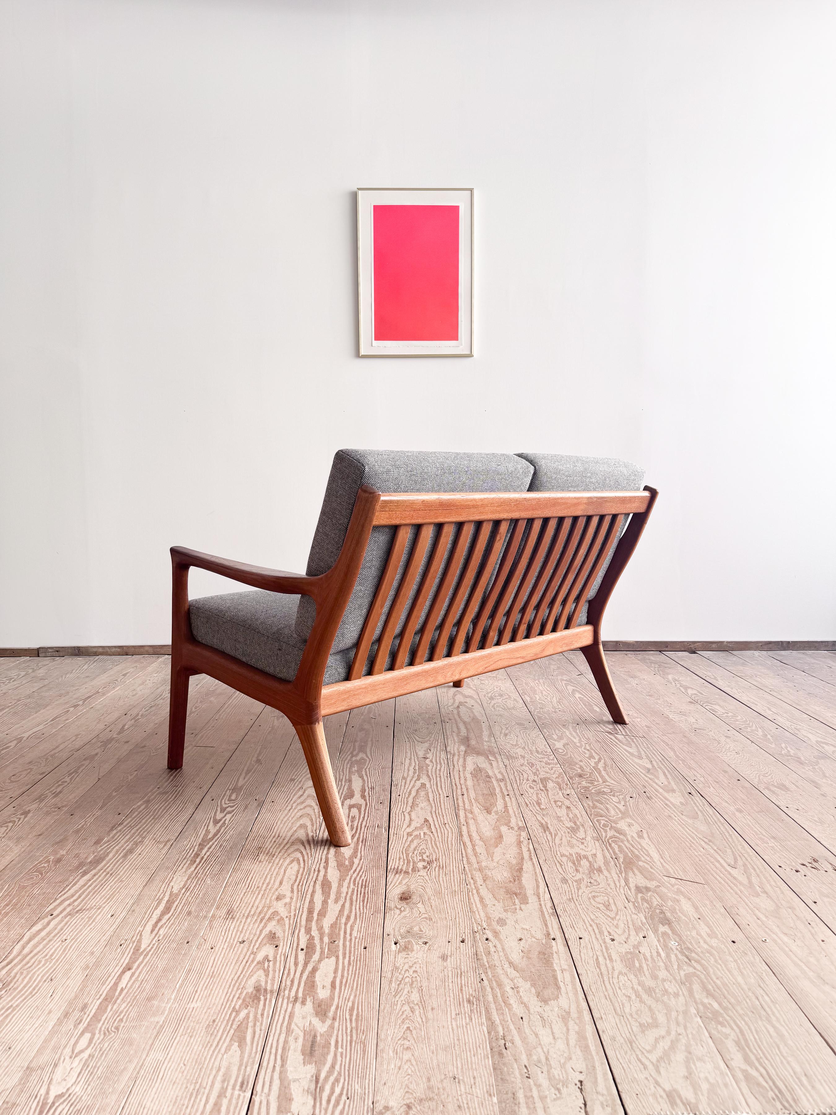 Fabric Mid-Century Two-Seat Sofa, Danish Design Teak Couch For Sale