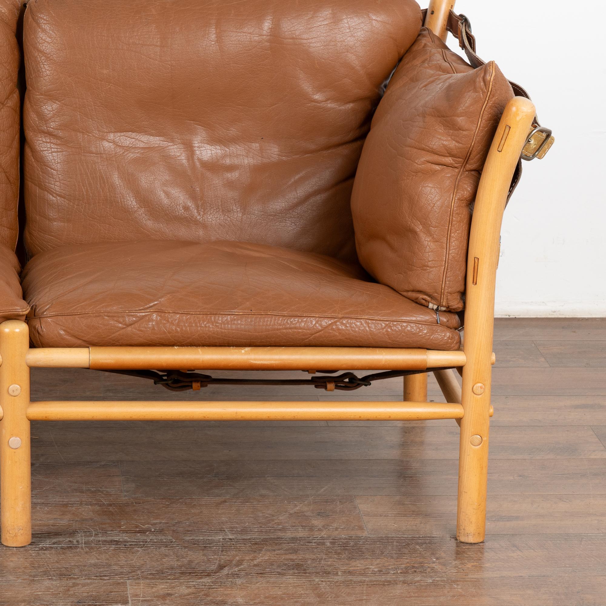 Brass Mid Century Two Seat Vintage Leather Sofa by Arne Norell, Sweden