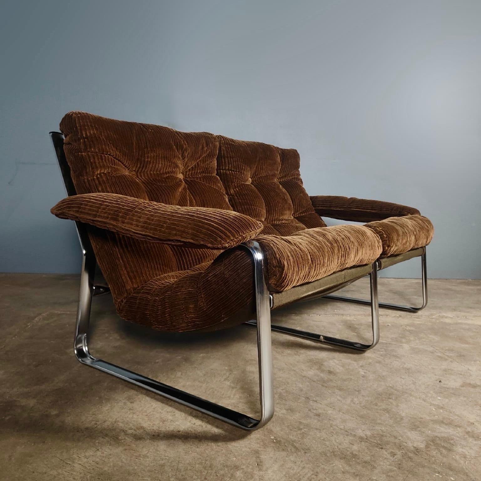 Mid Century Two Seater Brown Corduroy Sling Sofa von Gillis Lundgren für Ikea (Moderne der Mitte des Jahrhunderts)