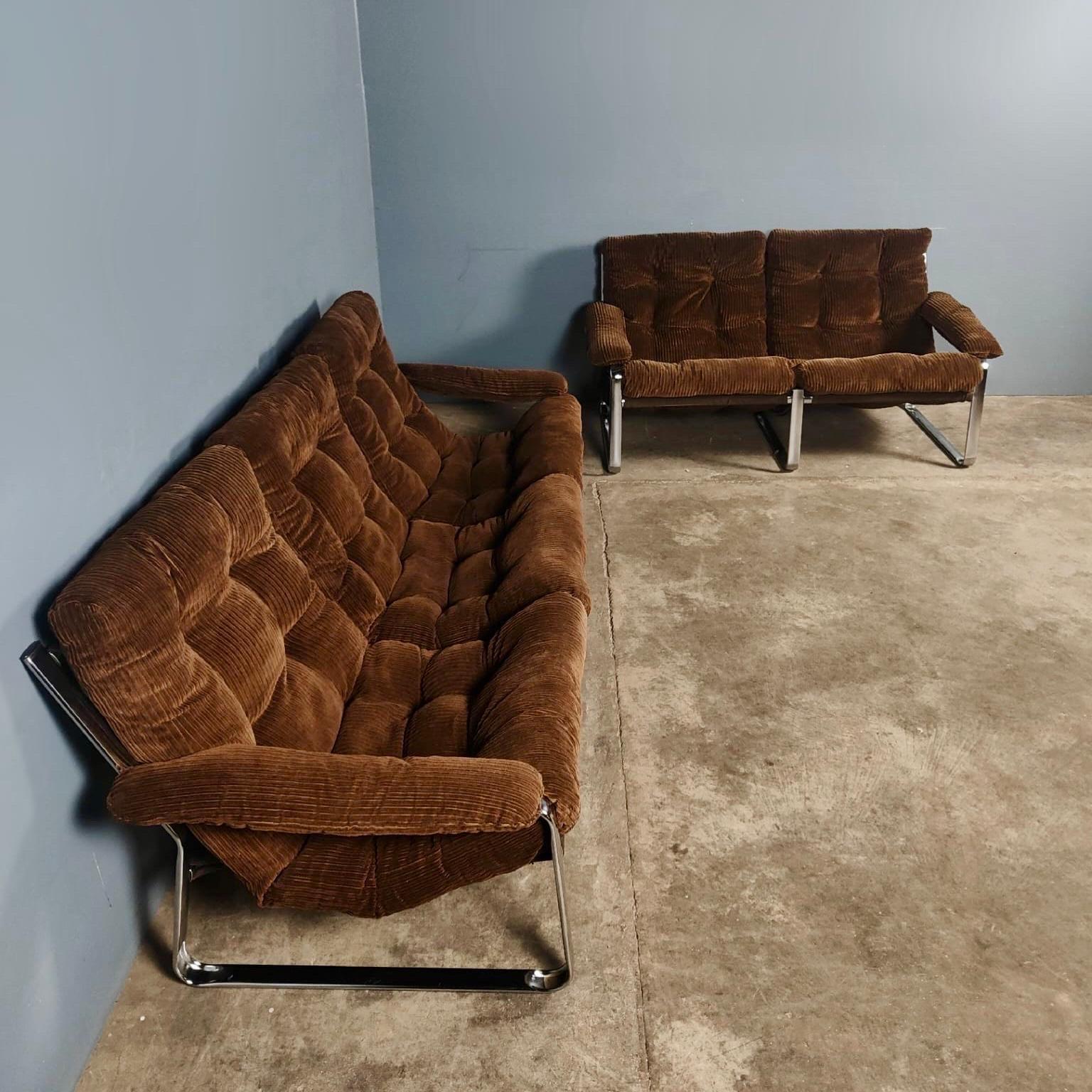 Mid Century Two Seater Brown Corduroy Sling Sofa von Gillis Lundgren für Ikea (Stahl)