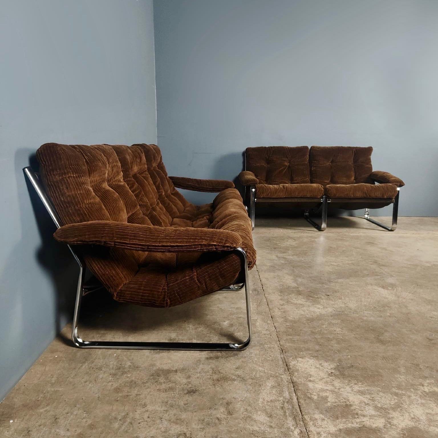 Mid Century Two Seater Brown Corduroy Sling Sofa von Gillis Lundgren für Ikea 1