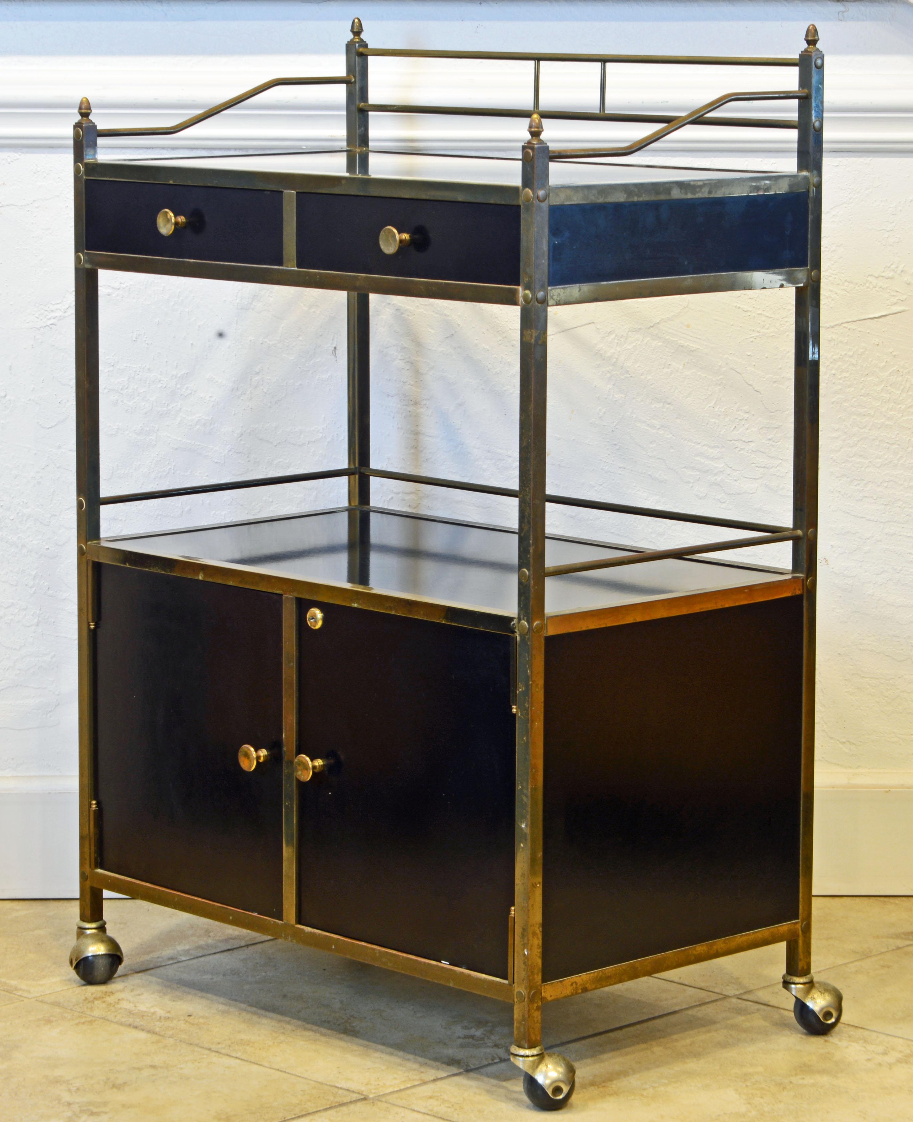 Mid-Century Modern Midcentury Two-Tier Brass and Black Laminate Bar Cart by Maxwell Phillips, NY