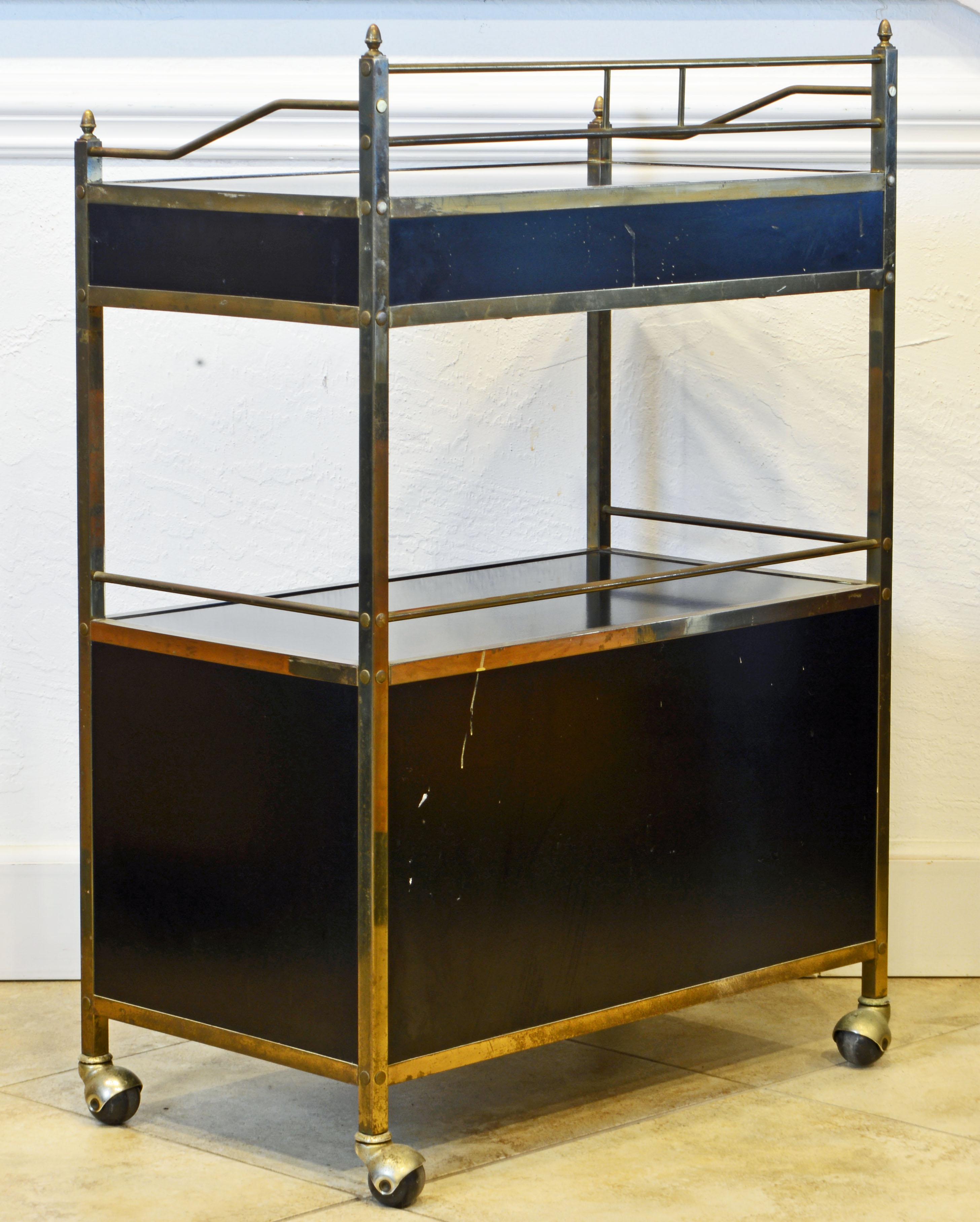 American Midcentury Two-Tier Brass and Black Laminate Bar Cart by Maxwell Phillips, NY
