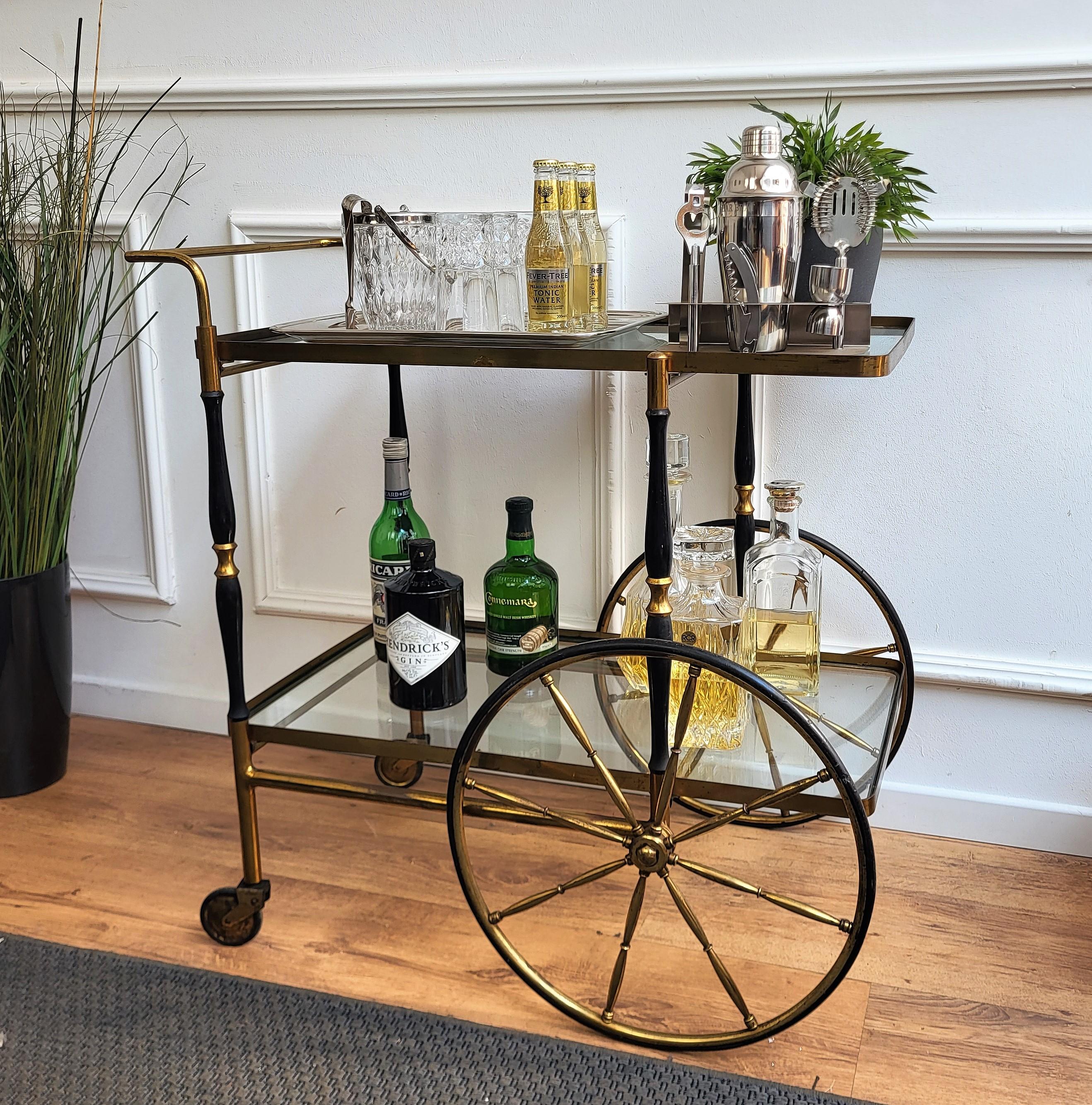 Italian Midcentury Two-Tier Brass and Glass Bar Cart, Italy, 1970s