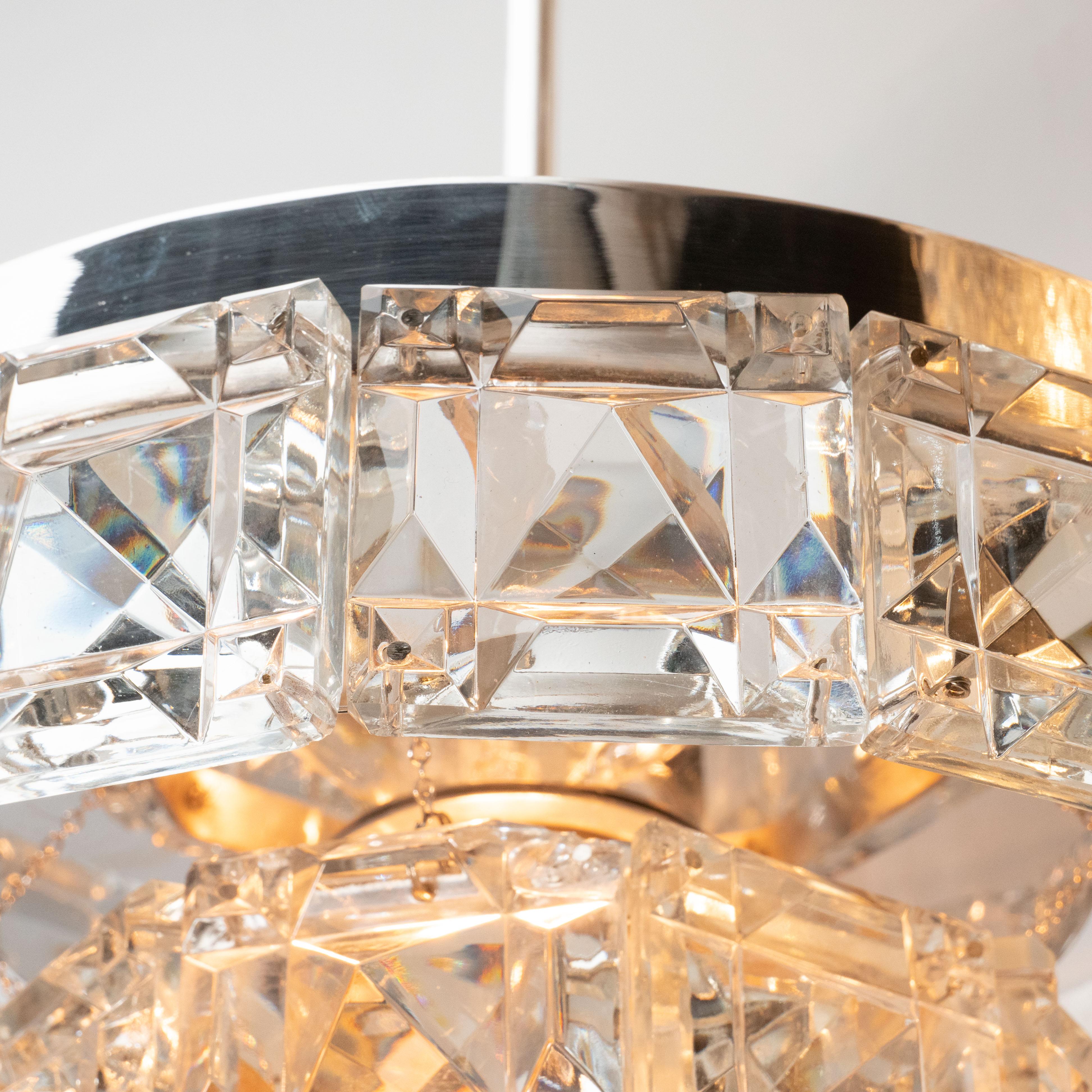 Cut Glass Midcentury Two-Tier Faceted Glass Chandelier by Kinkeldey with Chrome Fittings For Sale