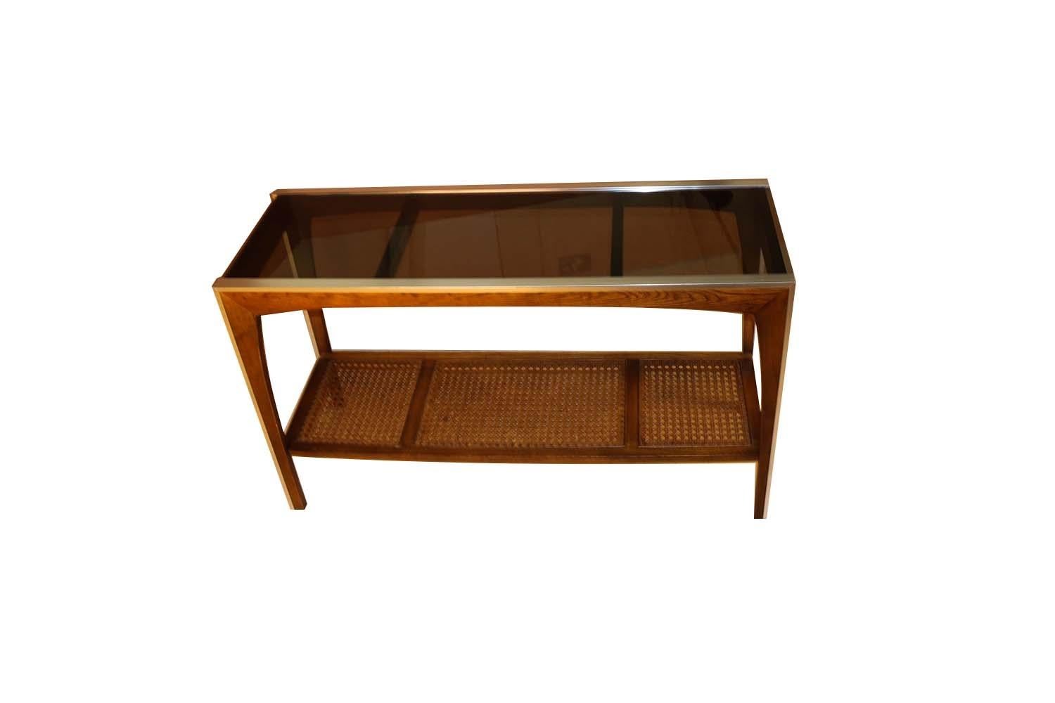 Midcentury Two-Tier Glass Cane Console Sofa Table 1