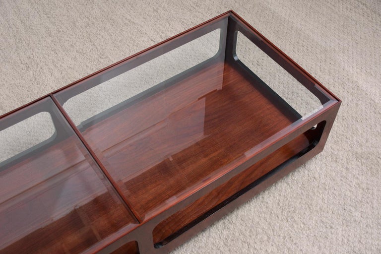 Hand-Crafted Mid Century Modern Two Tier Glass Coffee Table For Sale