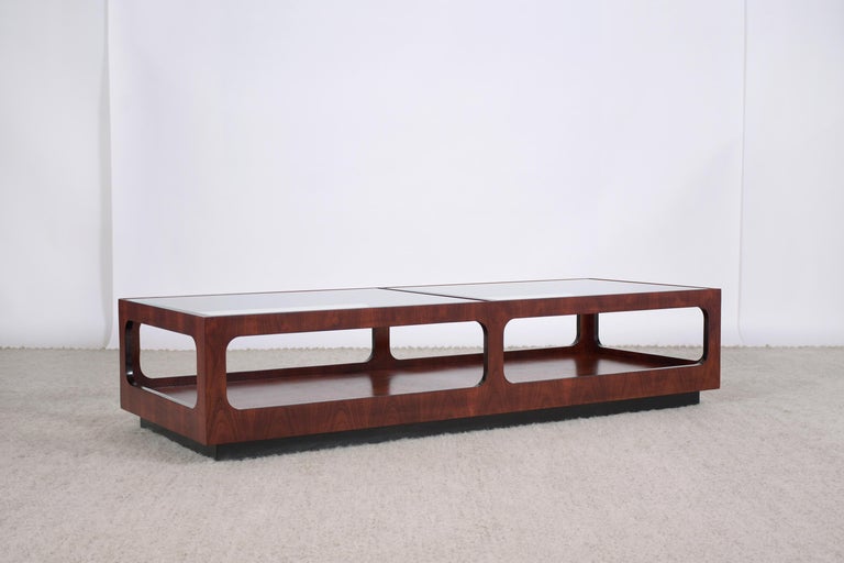 Wood Mid Century Modern Two Tier Glass Coffee Table For Sale