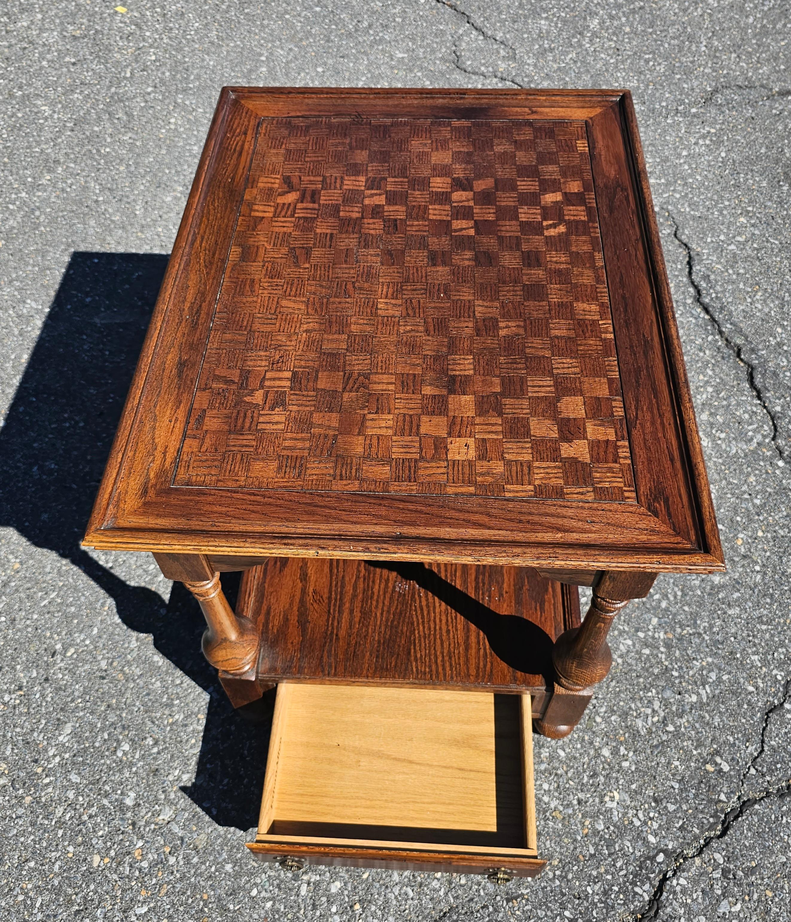 Parquetry Mid-Century Two Tier Oak Parquet Single Drawer Side Table For Sale