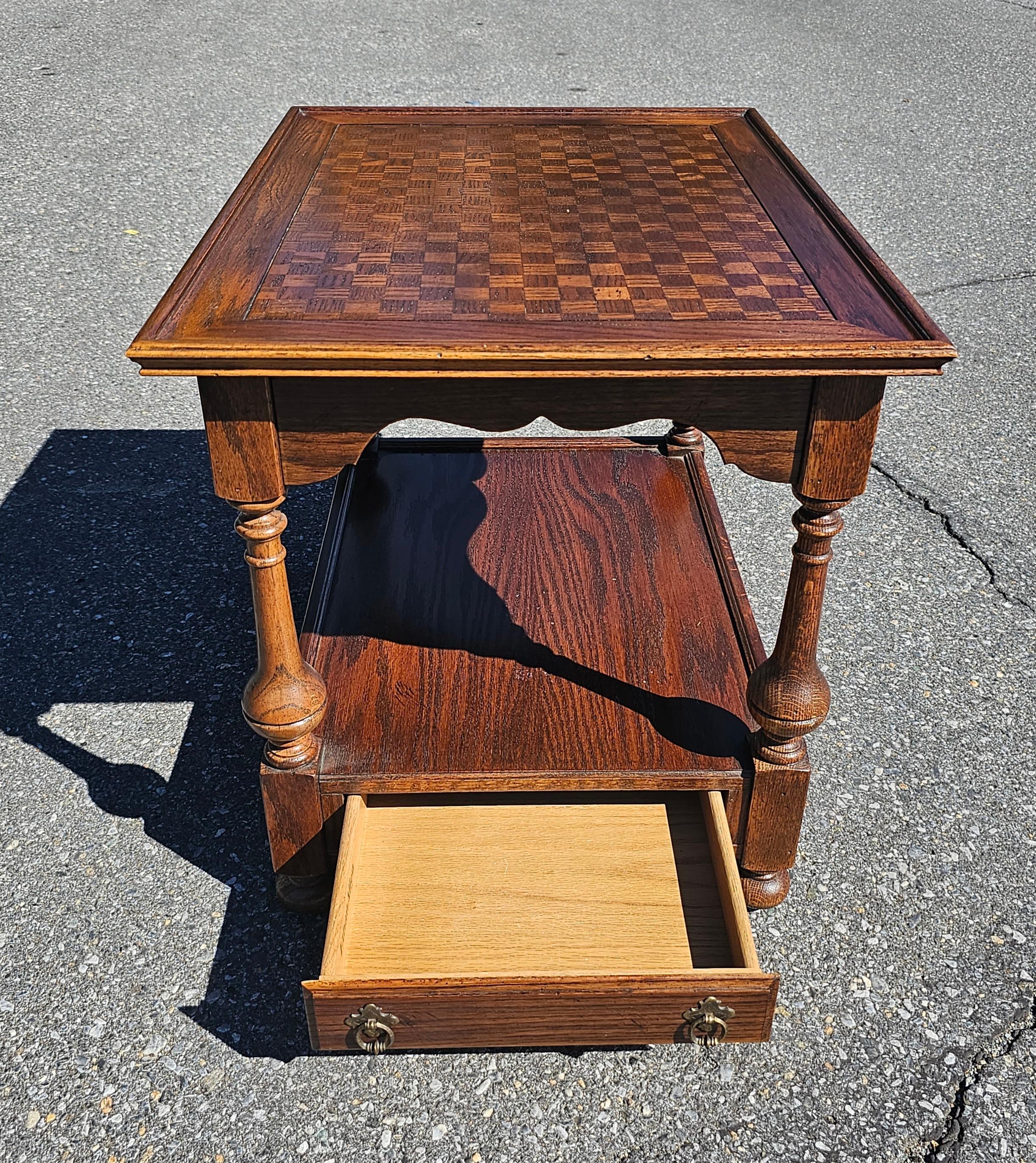 Mid-Century Two Tier Oak Parquet Single Drawer Side Table In Good Condition For Sale In Germantown, MD