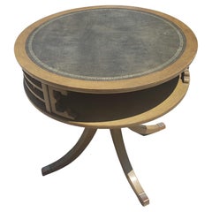 Mid-Century Two-Tier Quad Pad Pedestal Drum Table with Stenciled Leather Top