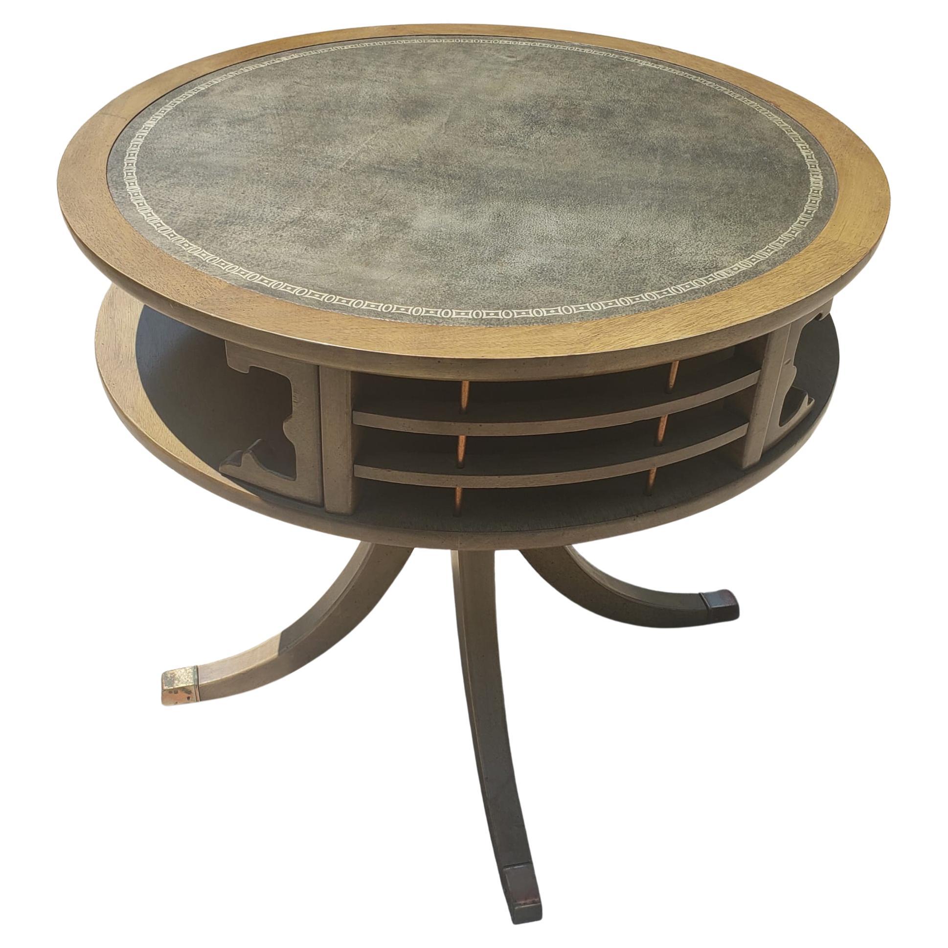Mid-Century Modern Mid-Century Two-Tier Quad Pad Pedestal Drum Table with Stenciled Leather Top For Sale