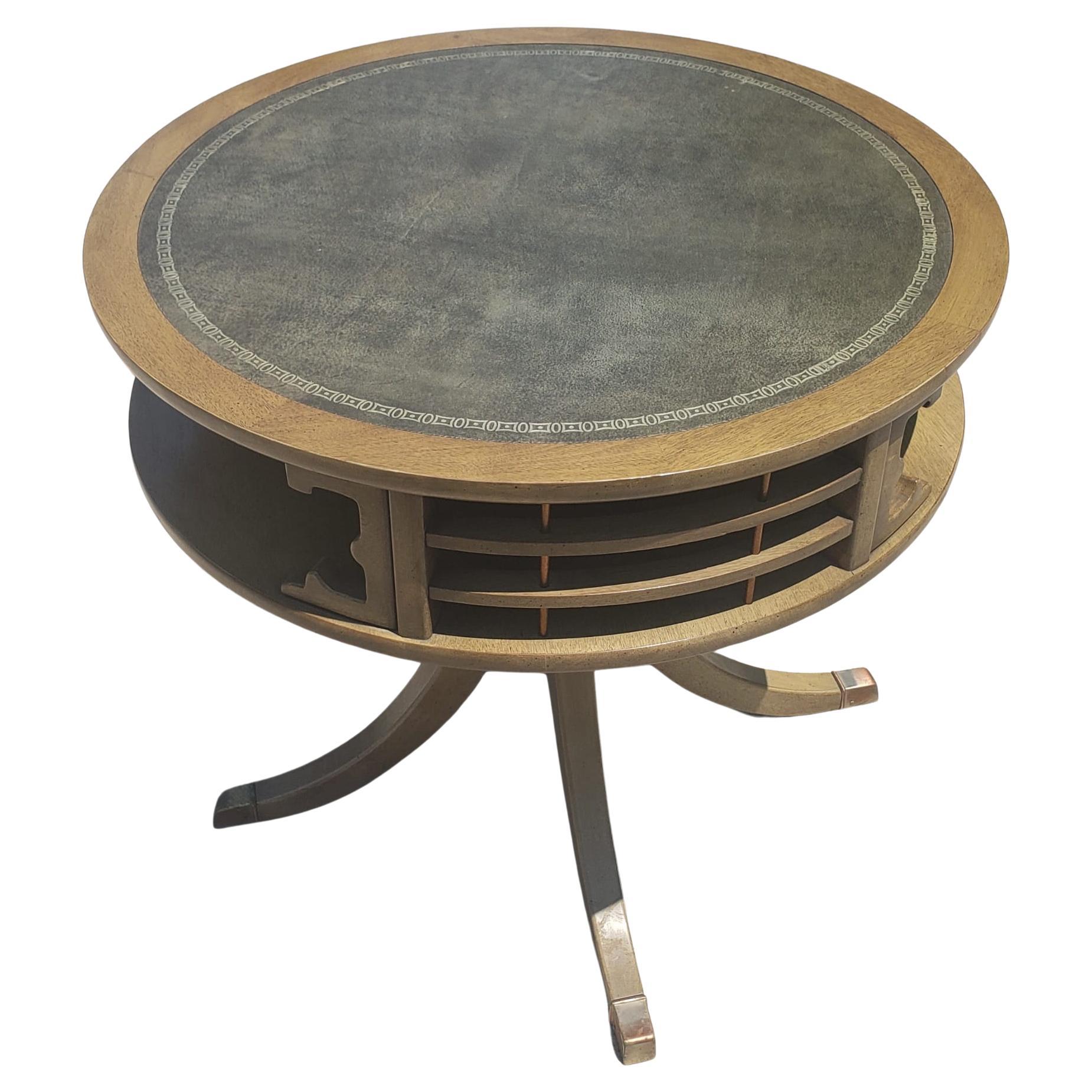 American Mid-Century Two-Tier Quad Pad Pedestal Drum Table with Stenciled Leather Top For Sale
