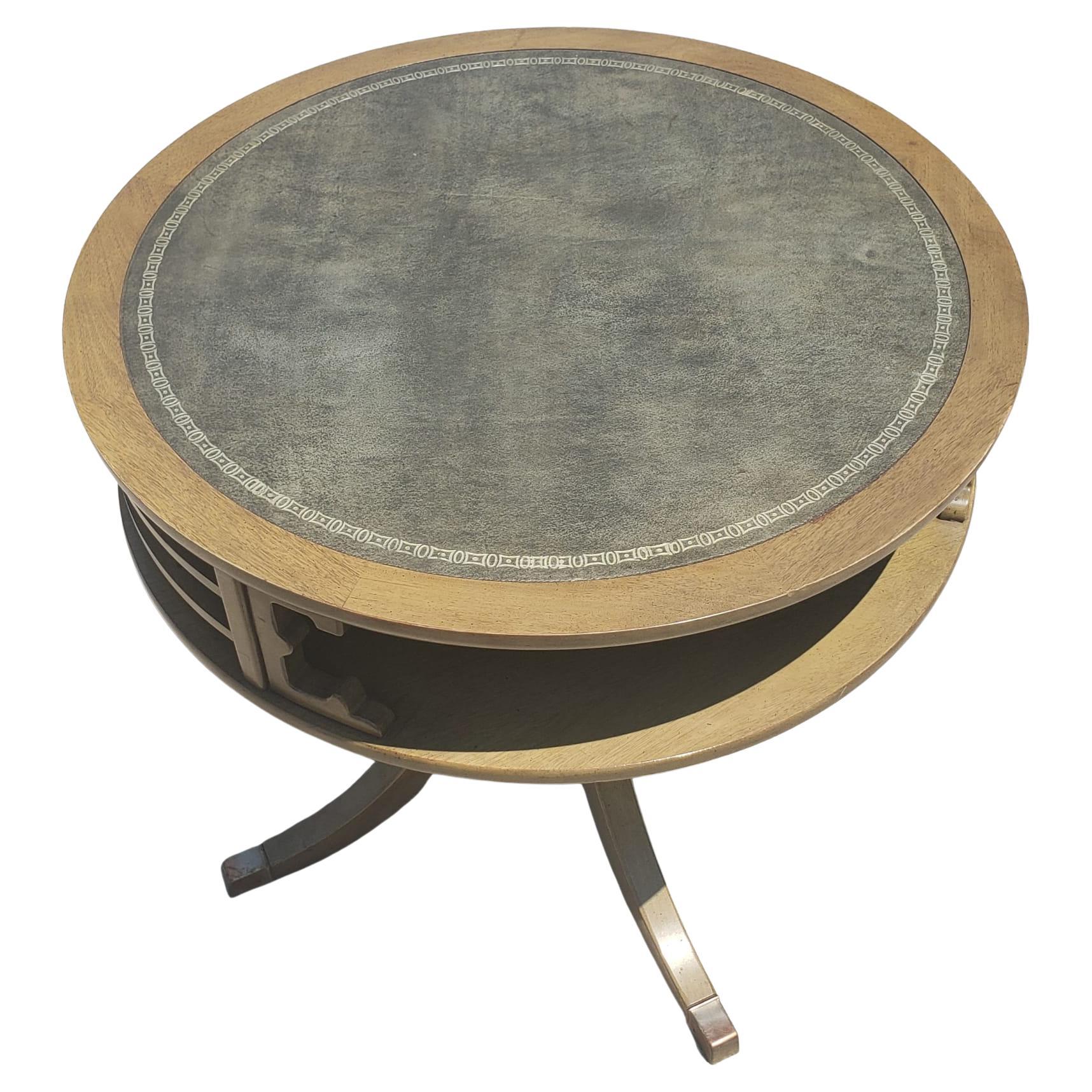 Other Mid-Century Two-Tier Quad Pad Pedestal Drum Table with Stenciled Leather Top For Sale
