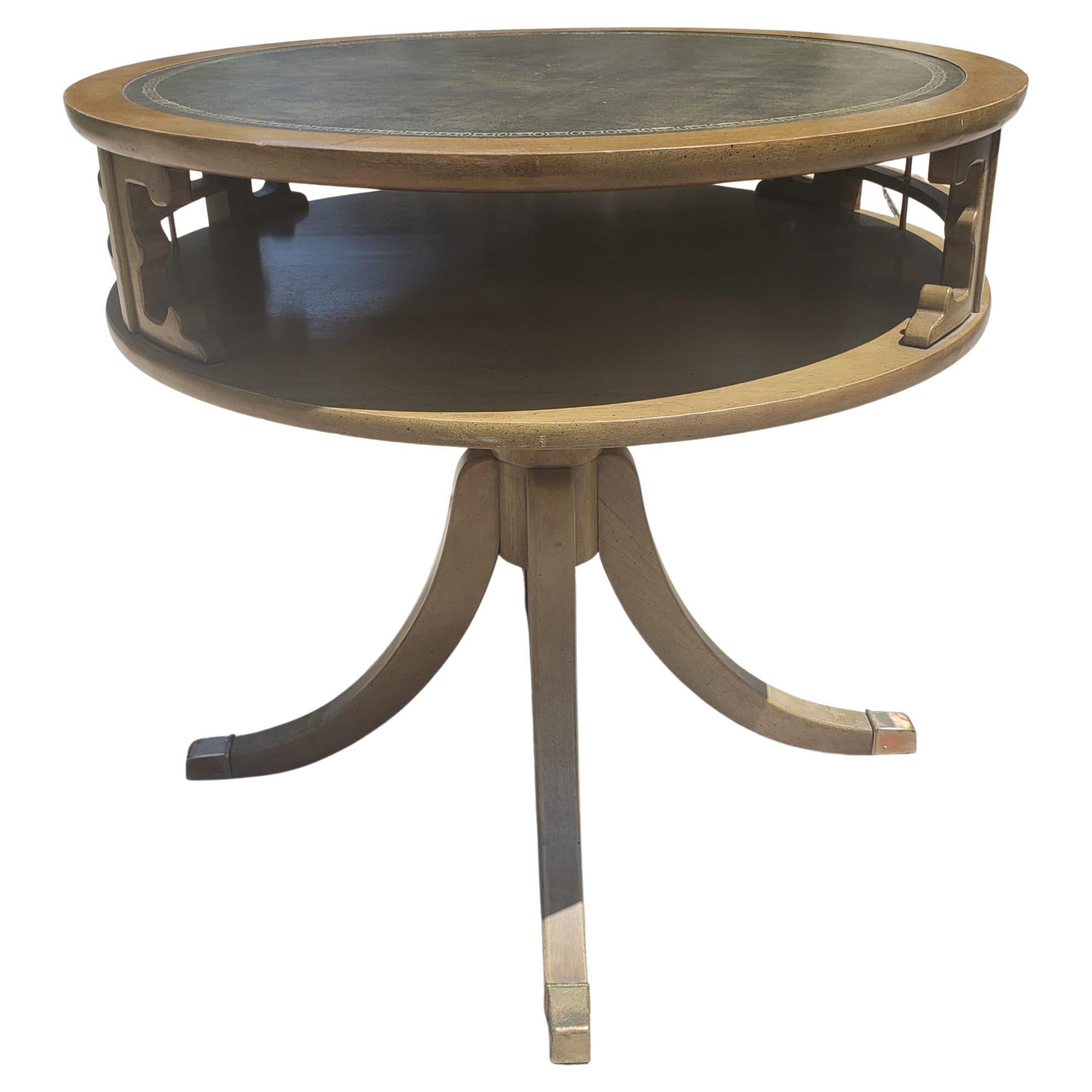 Mid-Century Two-Tier Quad Pad Pedestal Drum Table with Stenciled Leather Top In Good Condition For Sale In Germantown, MD