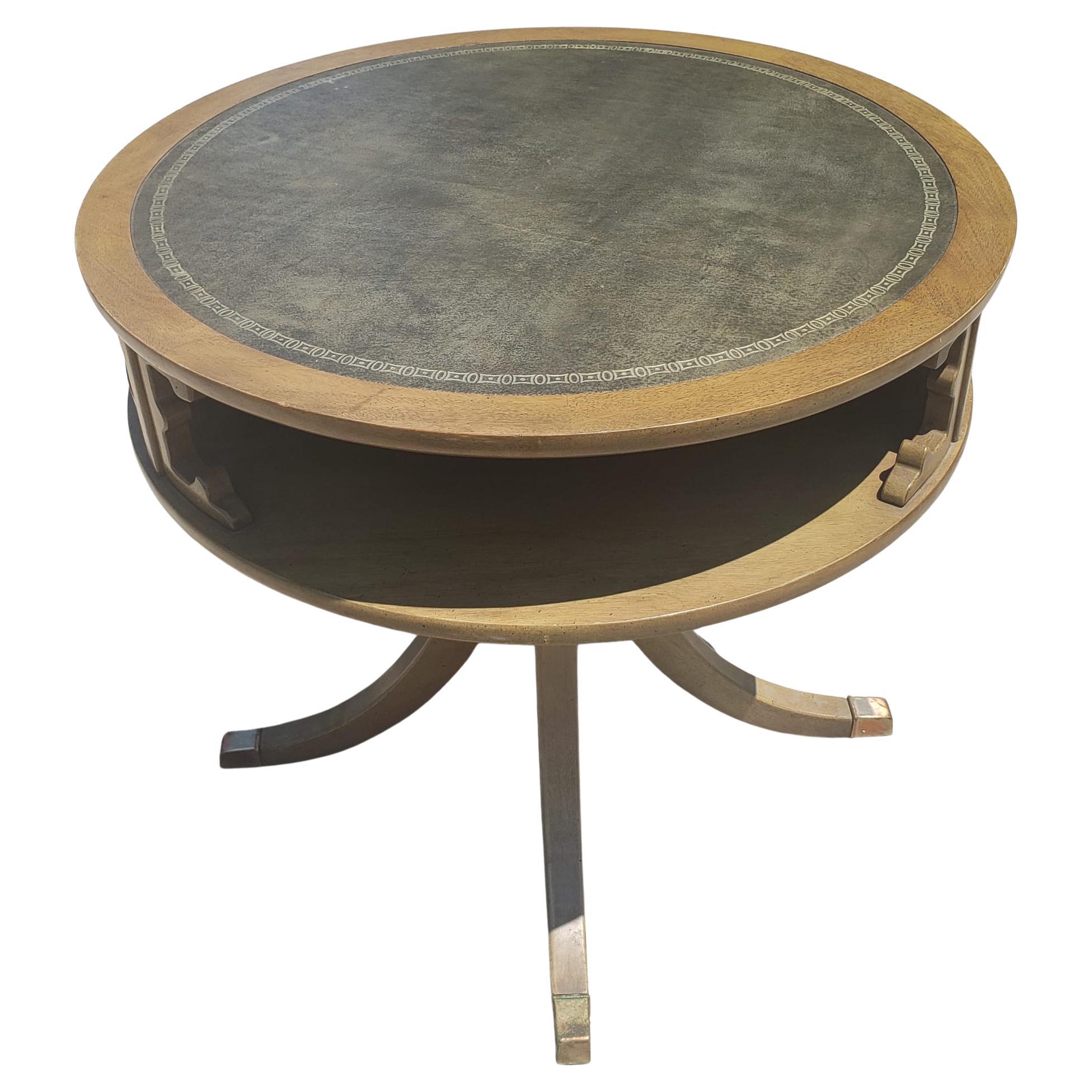20th Century Mid-Century Two-Tier Quad Pad Pedestal Drum Table with Stenciled Leather Top For Sale