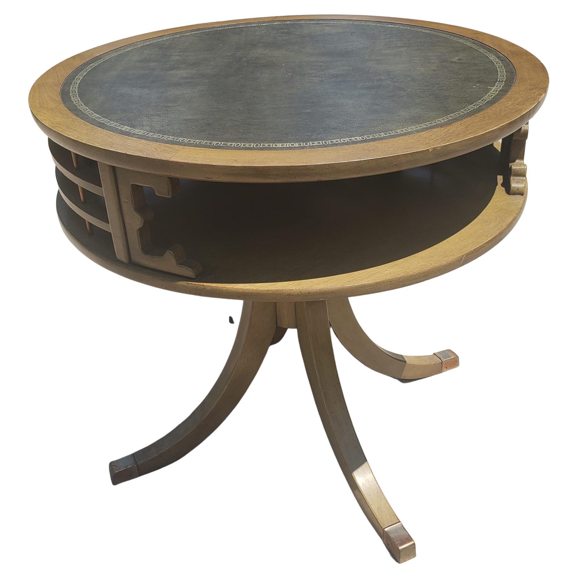 Mid-Century Two-Tier Quad Pad Pedestal Drum Table with Stenciled Leather Top For Sale 1