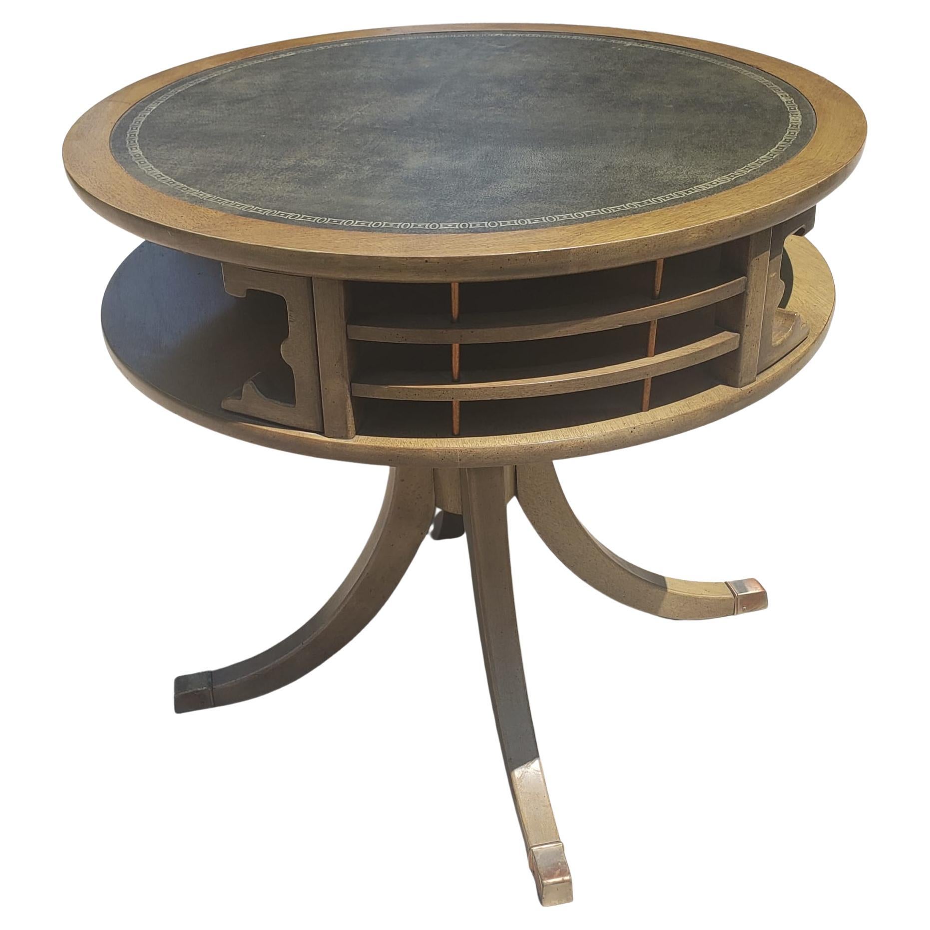 Mid-Century Two-Tier Quad Pad Pedestal Drum Table with Stenciled Leather Top For Sale