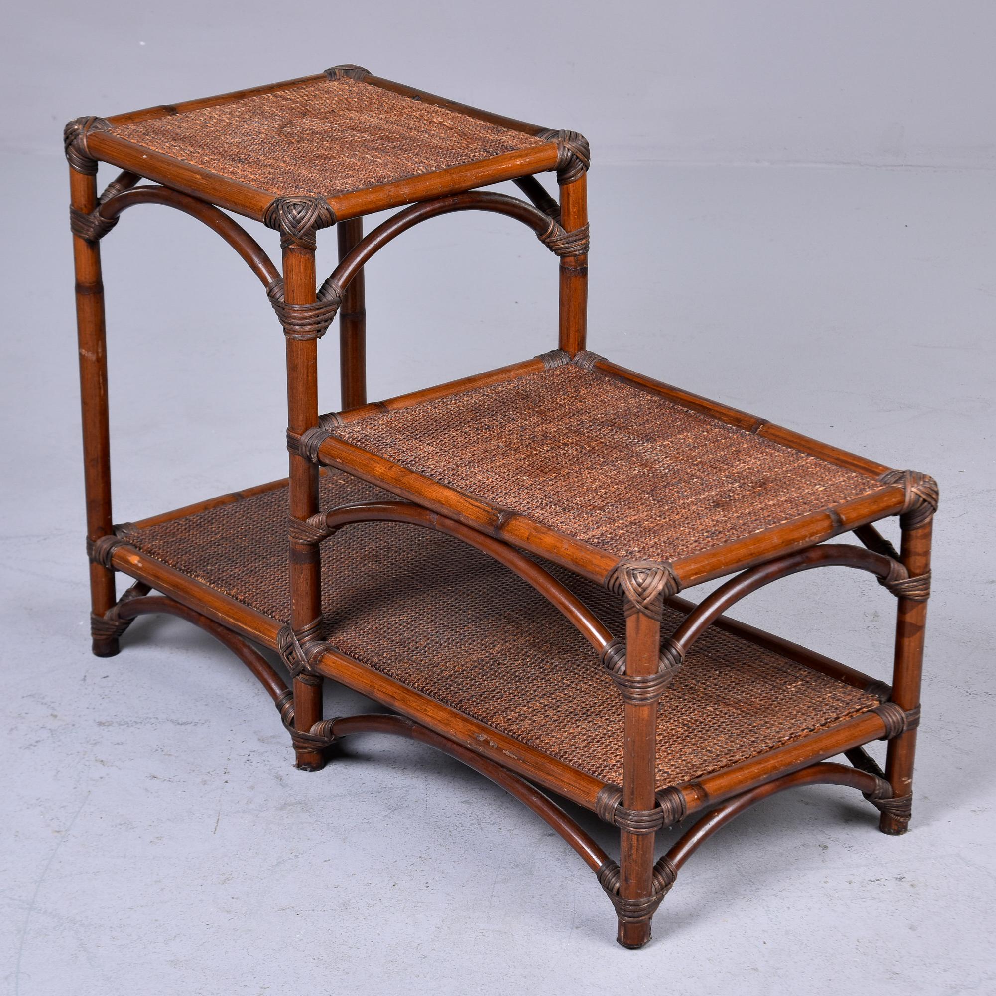 Mid Century Two Tier Rattan and Grass Cloth Side Table For Sale 1