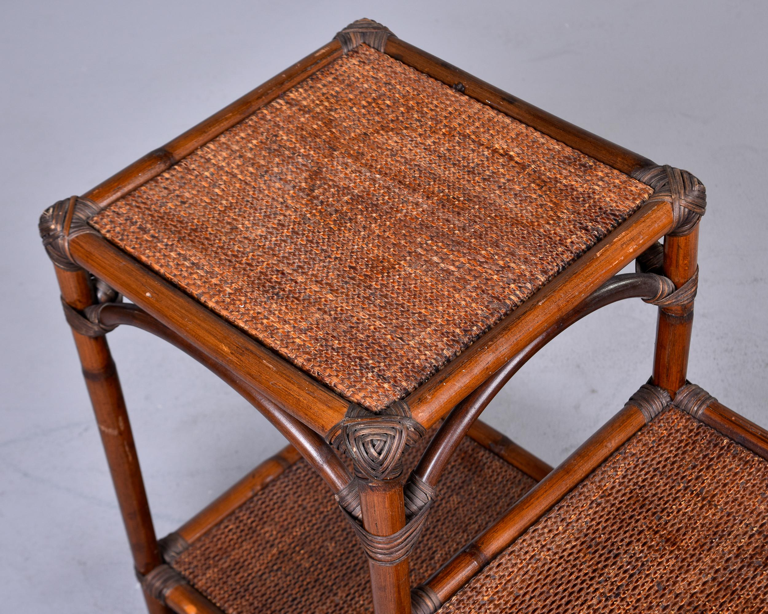 Mid Century Two Tier Rattan and Grass Cloth Side Table For Sale 2