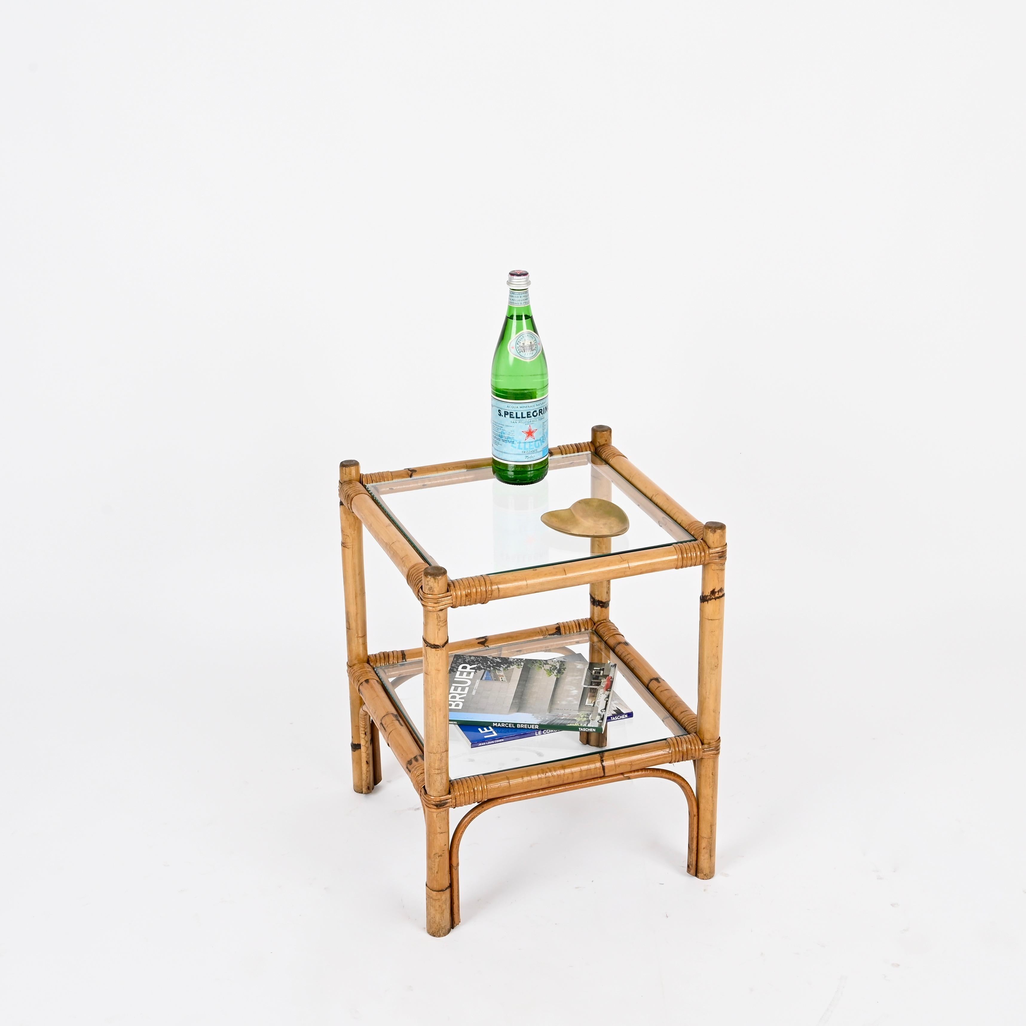 Mid-Century Two Tier Side Square Table, Glass and Bamboo, Italy, 1970s For Sale 4