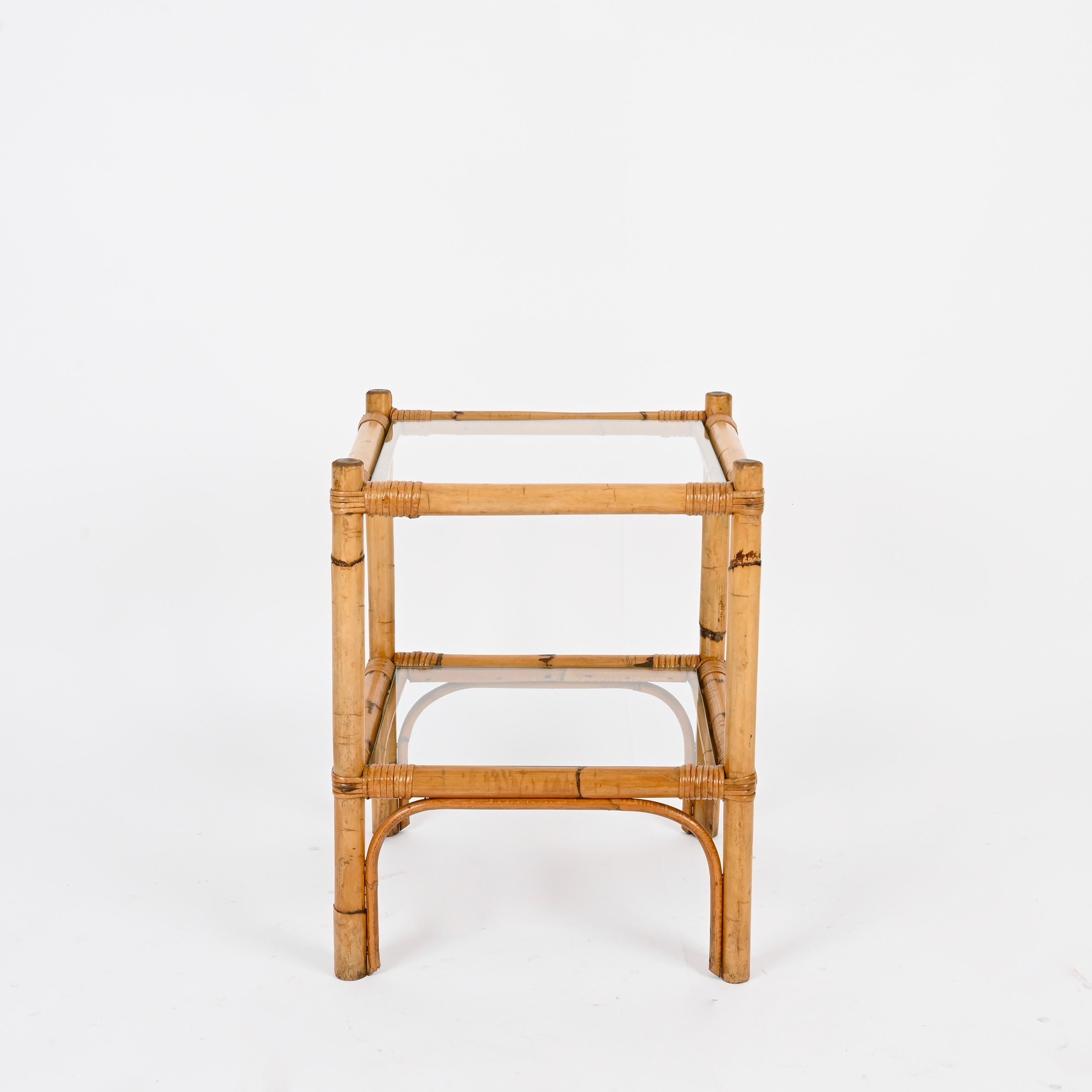 Mid-Century Two Tier Side Square Table, Glass and Bamboo, Italy, 1970s For Sale 5